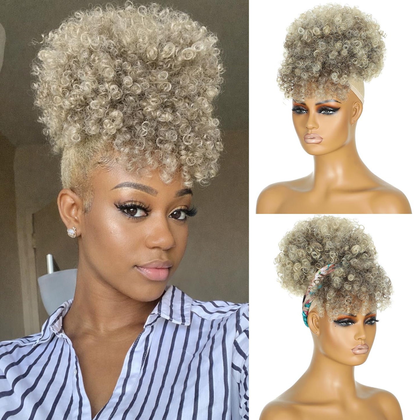 Afro Puff Drawstring Ponytail - Kinky Curly Synthetic Hair Extension for Black Women | Short Dark Brown & Blonde Mix