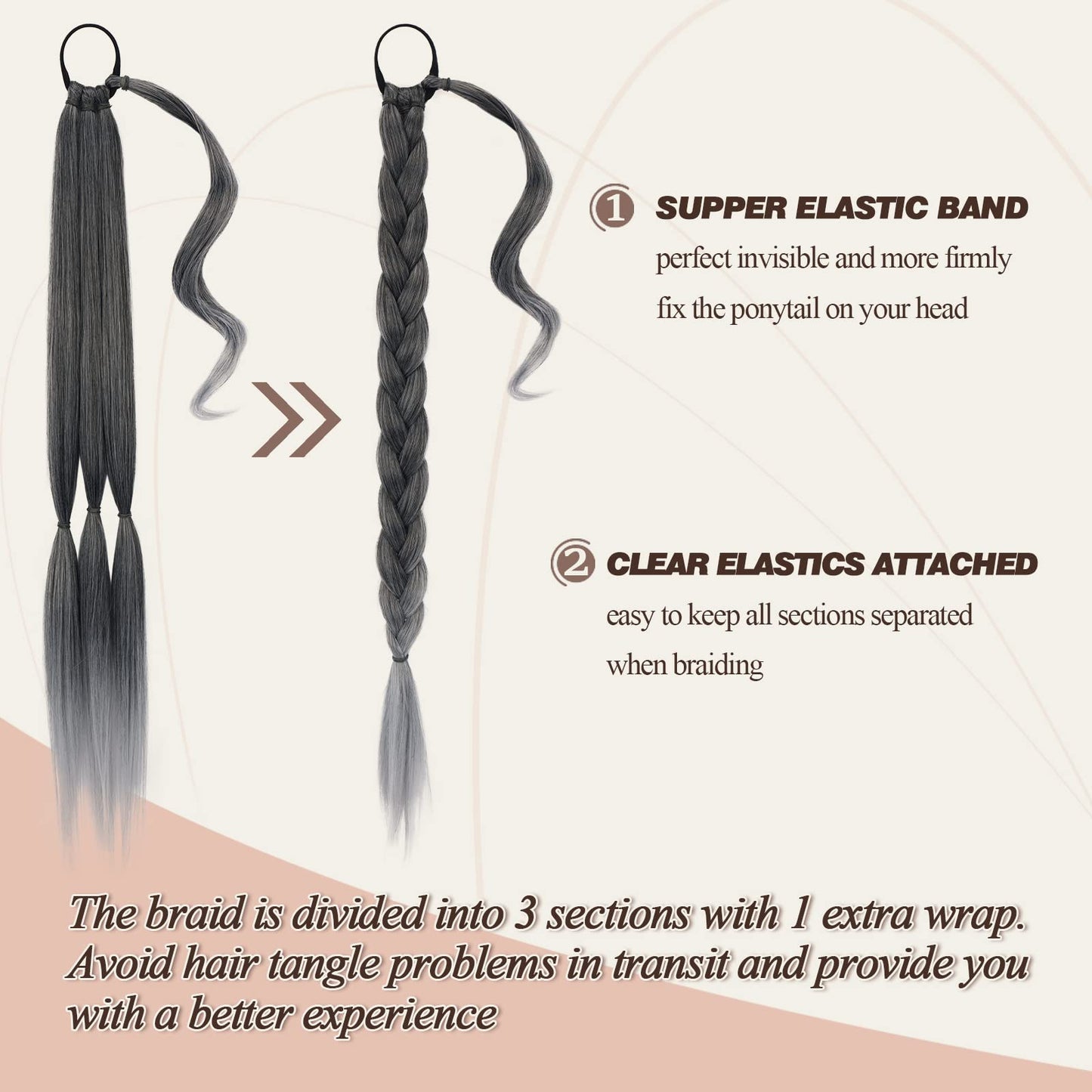 BARSDAR 26 Inch Long Braided Ponytail Extension with Hair Tie - Straight Sleek Wrap Around Ombre Grey Braided Ponytail Hair Extensions - Synthetic Pony Tails Hairpieces for Women - Black Ombre Grey