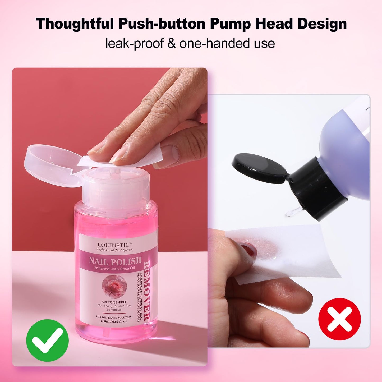 LOUINSTIC Nail Polish Remover – Press Pump, Rose Oil Formula, 6.8 Fl Oz