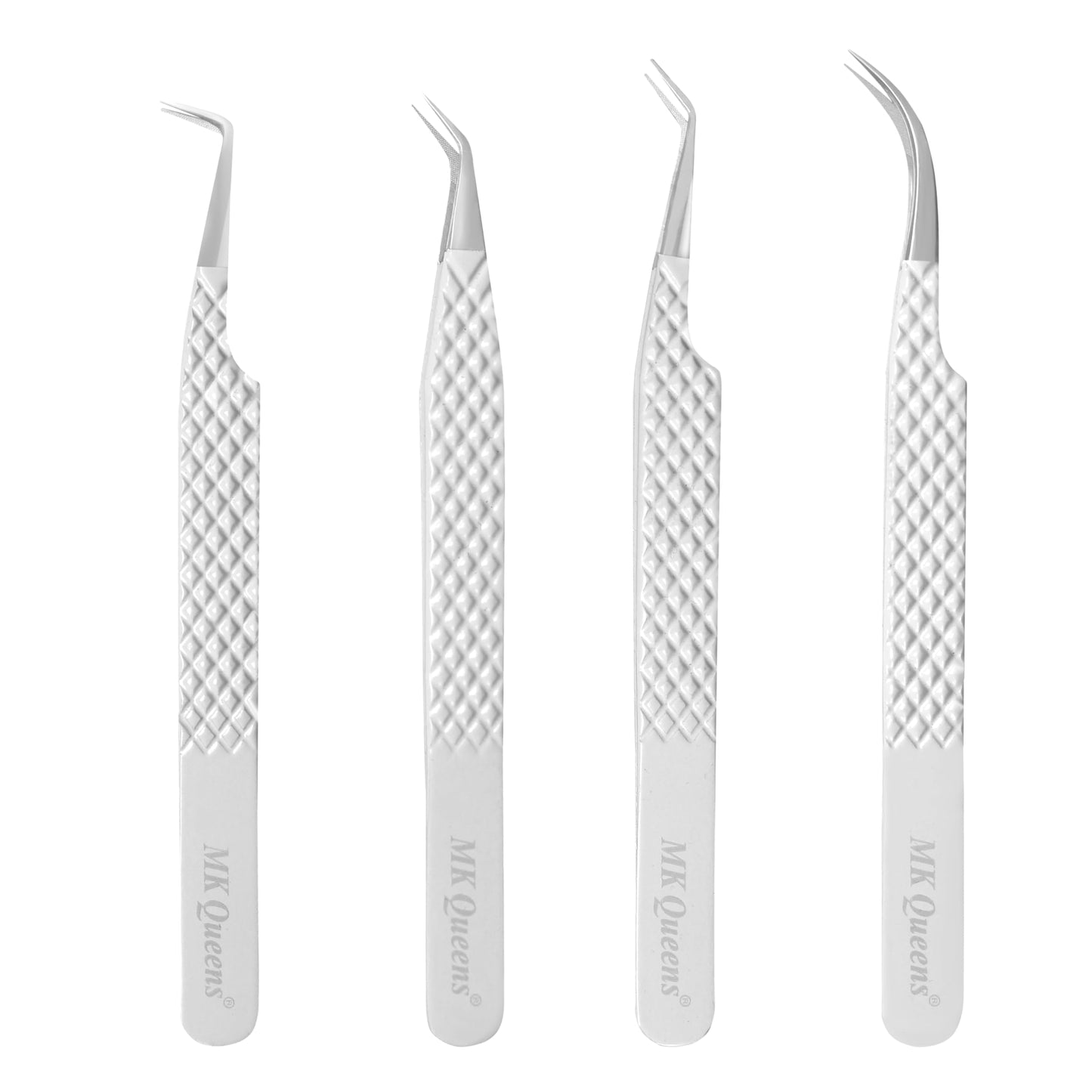 Fiber Tip Lash Tweezers for Eyelash Extensions with Diamond Grip, Set of 4 Precise Tips Japanese Steel for Classic, Volume & Mega Volume Lashes, Ideal Tweezers Set for Lash Artists (4, White)