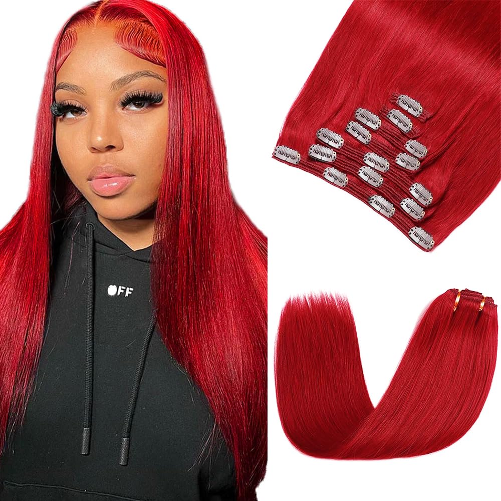 Red Clip in Hair Extensions Real Human Hair, 18 Inch 120g/7Pcs,Full Shine Remy Hair,Wine Red Straight Clip ins Brazilian Virgin Human Hair Extensions