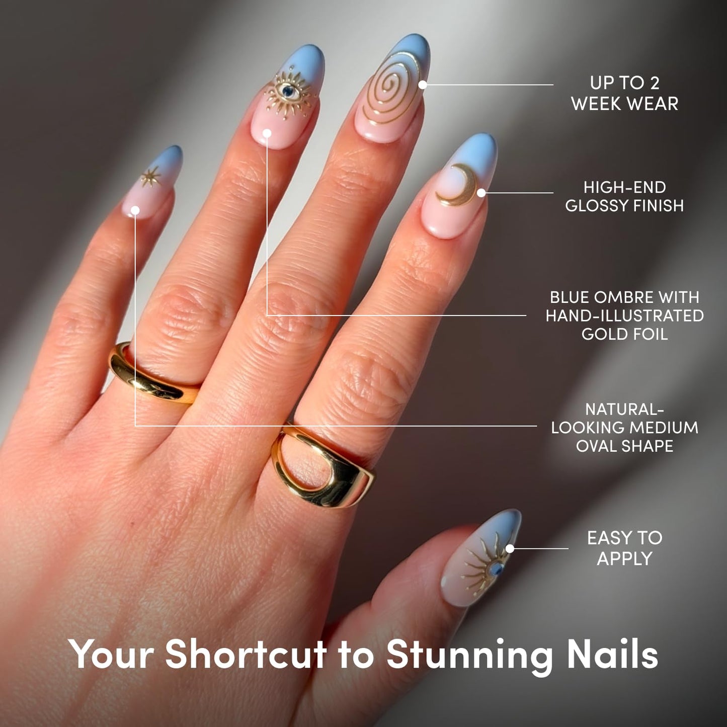 Glamnetic Press On Nails - Medium Oval Blue French Tip Nails with Celestial Gold Accents | 30 Nail Kit with Glue, 15 Sizes Available