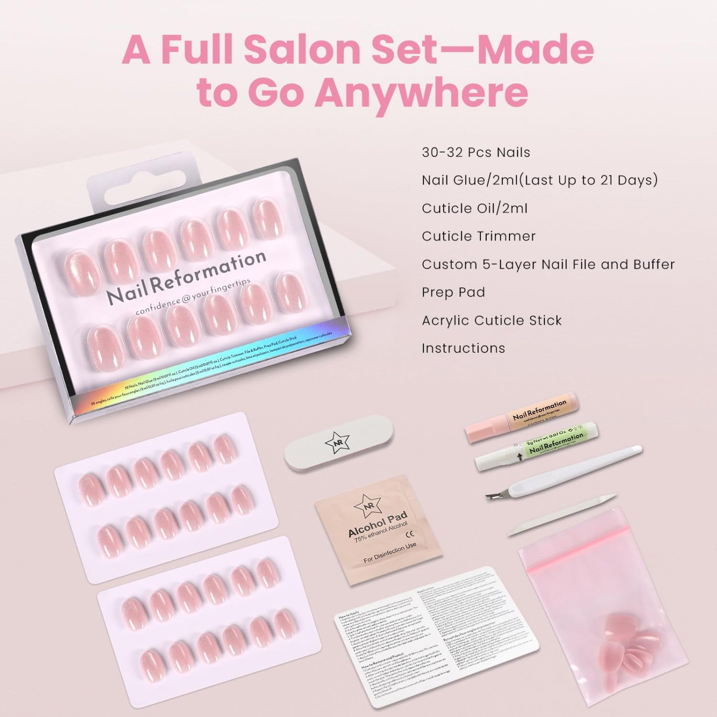 Nail Reformation Press On Nails, Soft Pink Shimmer Extra Short Round Fake Nails with Velvet Cat Eye, Reusable Stick On Nails Kit - 32 Pcs in 16 Sizes with Glue, Salon Quality, Manicure Gifts for Women