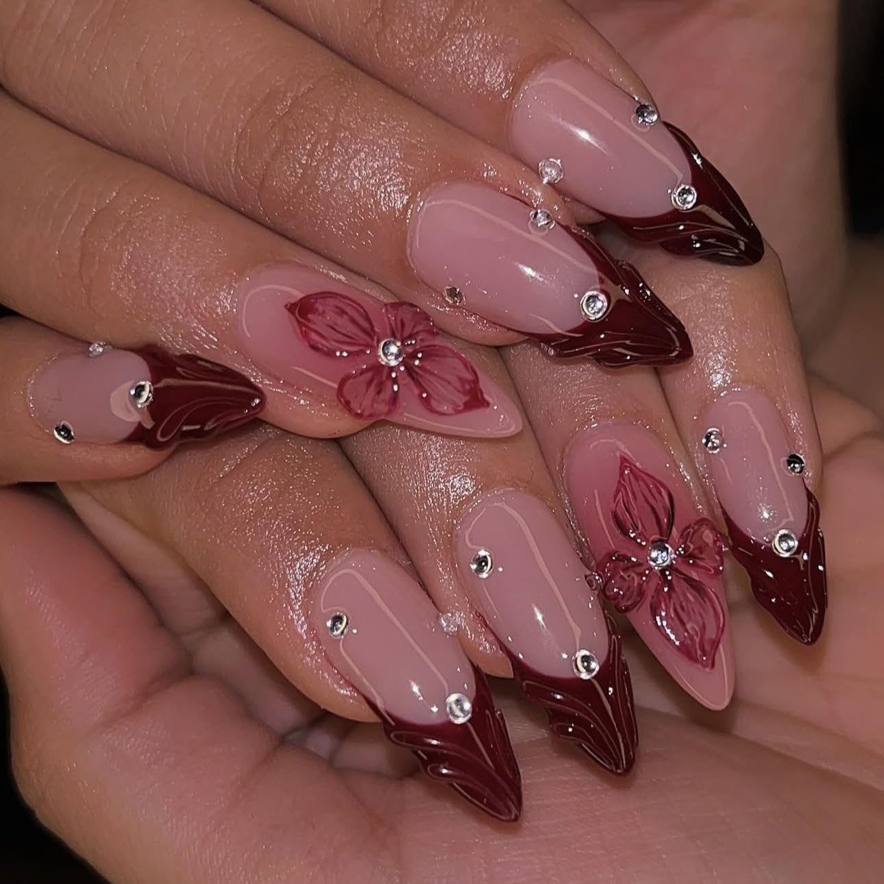 Red French Tip Press-On Nails - Almond Shape with 3D Crystal Designs | 24 Pcs Reusable Nail Kit for Manicure