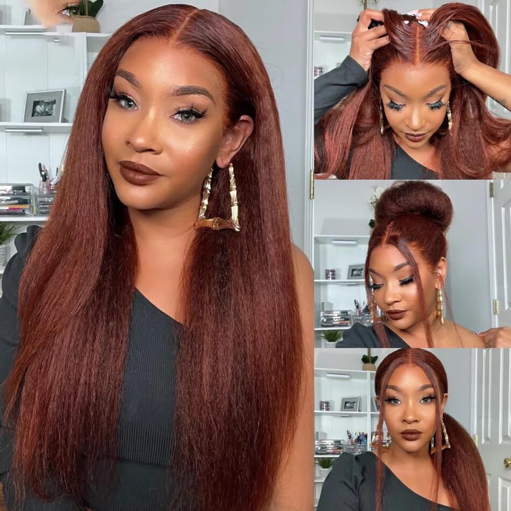 Color 33 Copper Red Kinky Straight Bundles Human Hair Reddish Brown Yaki Straight Bundles Double Weft Brazilian Virgin Reddish Brown Human Hair Extensions Silky and Soft for Black Women 10 12 14 inch