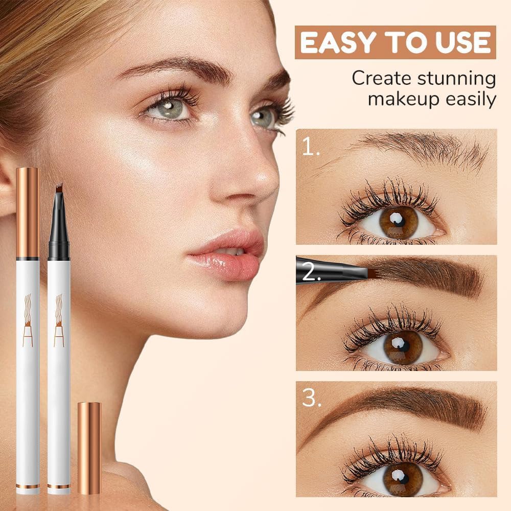 2 Pcs Microblading Eyebrow Pen, 2026 Upgraded 3D Waterproof 4-Tip Eyebrow Pencil, Natural Makeup Long-Lasting Fine Stroke Magic Eyebrow Pencil for Women Stay on All Day(Light Brown(2 Pcs))