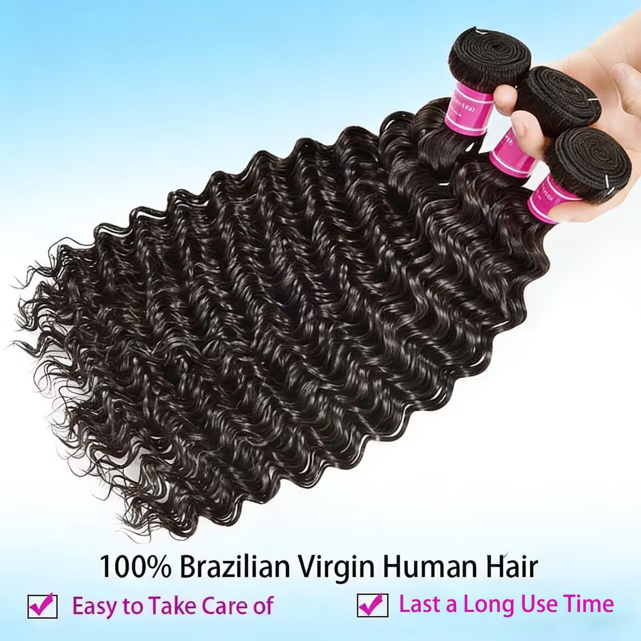 Human Hair Bundles - 100% Unprocessed Brazilian Virgin Deep Wave | 20-Inch Curly Weave Extensions for Women - Natural Black