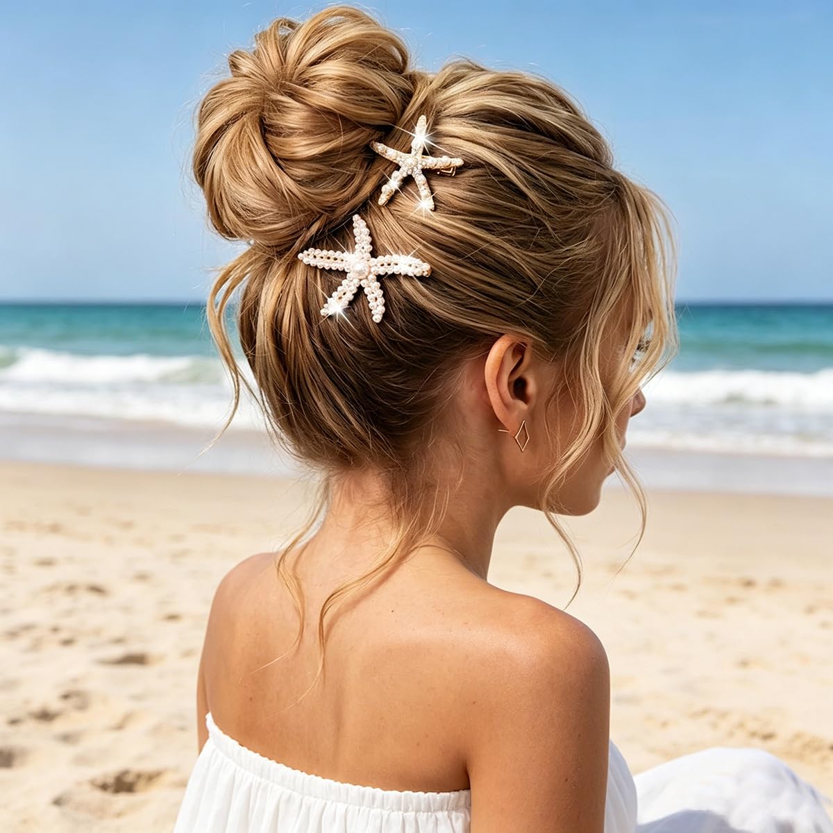 Starfish Hair Clips - Pearl Crystal Rhinestone Barrettes | Non-Slip Ponytail Holders for Weddings & Beach Parties - 2PCS