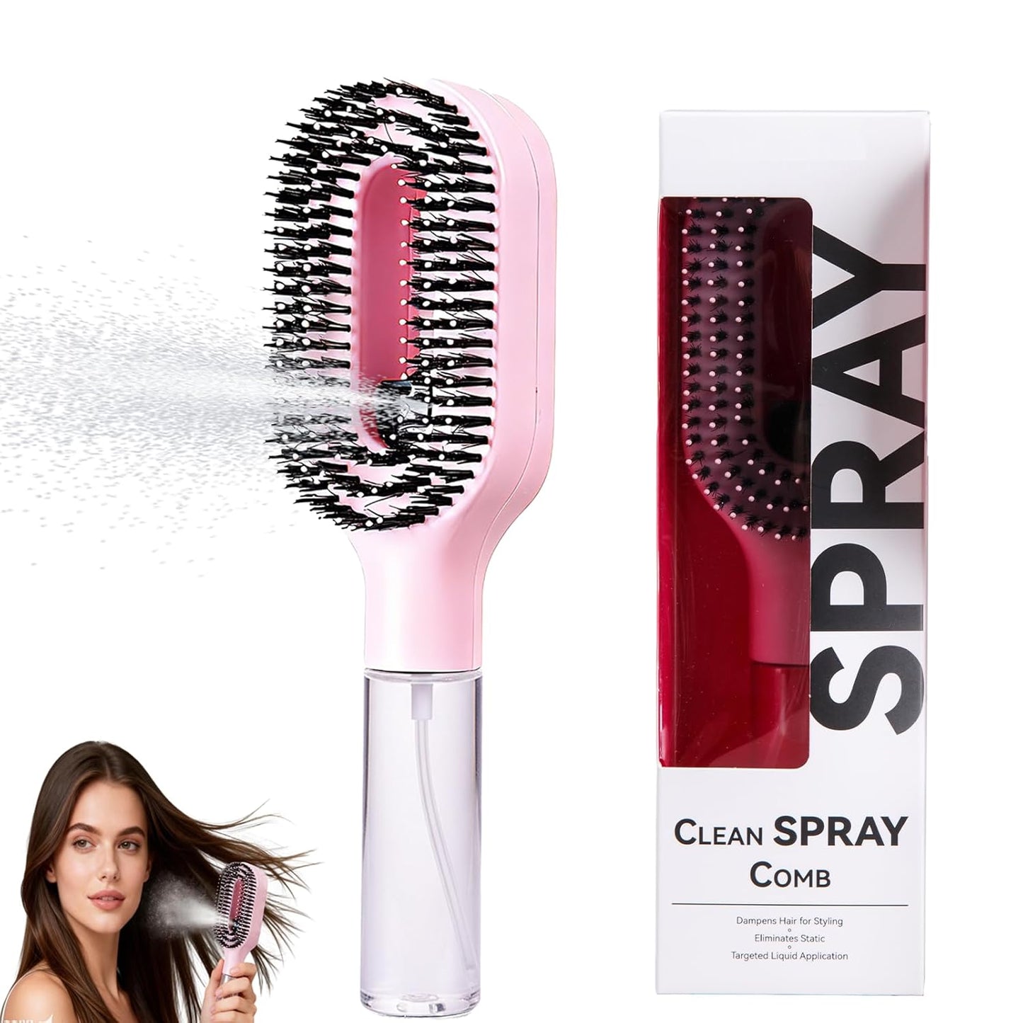 Hair Brush with Water Spray - 2-in-1 Detangling Tool for Frizz Control | Portable Mist Comb for Thick, Curly & Fine Hair - Green