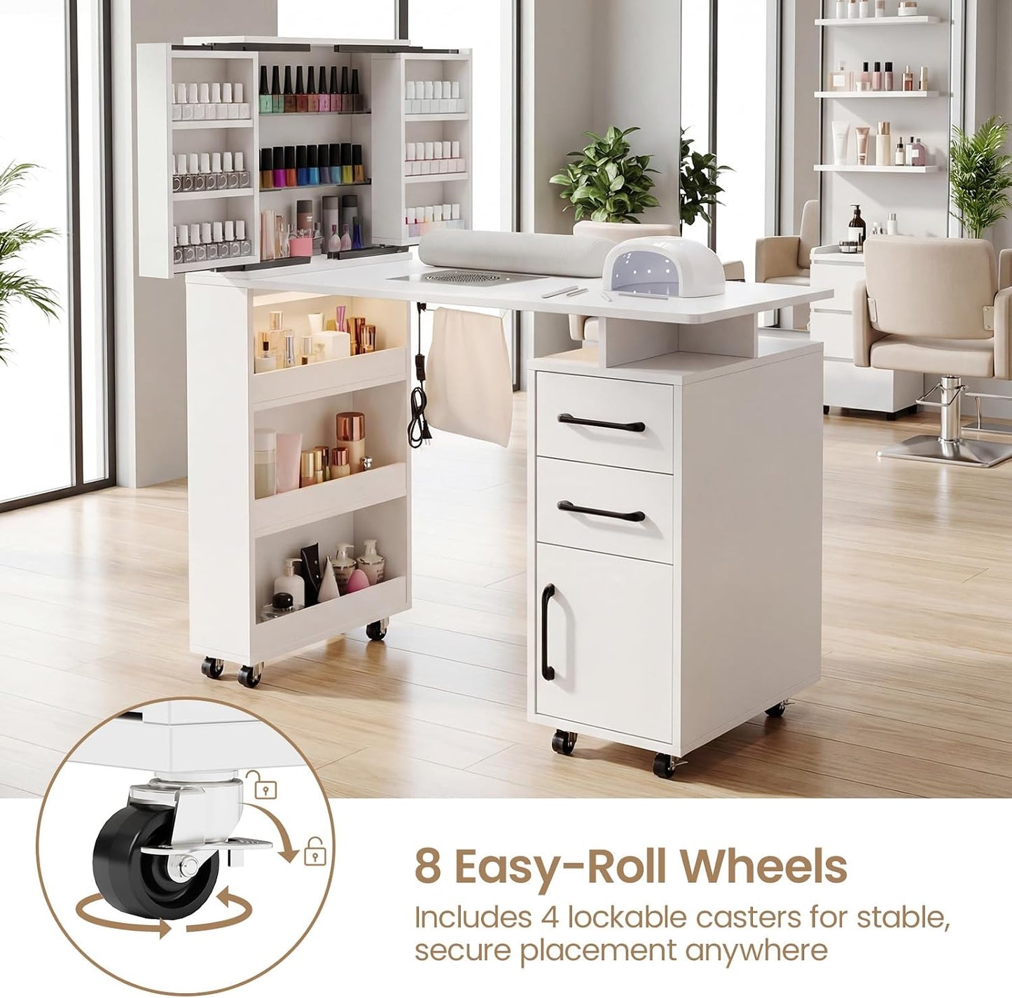 Manicure Table - Nail Desk with LED Light & Dust Collector | Extendable Polish Cabinet, White
