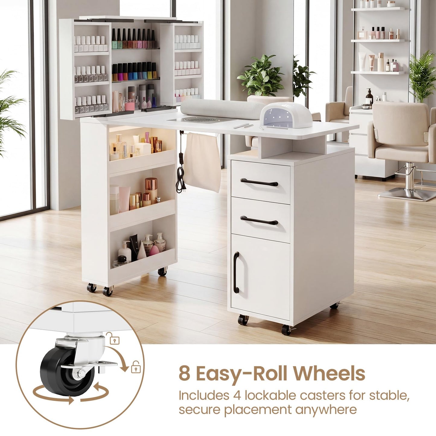 HolaiNail Manicure Table with Extendable Polish Cabinet, Nail Desk with LED Light, Dust Collector, Wrist Rest, Lockable Wheels, Beauty Salon Station Home Nail Tech, White