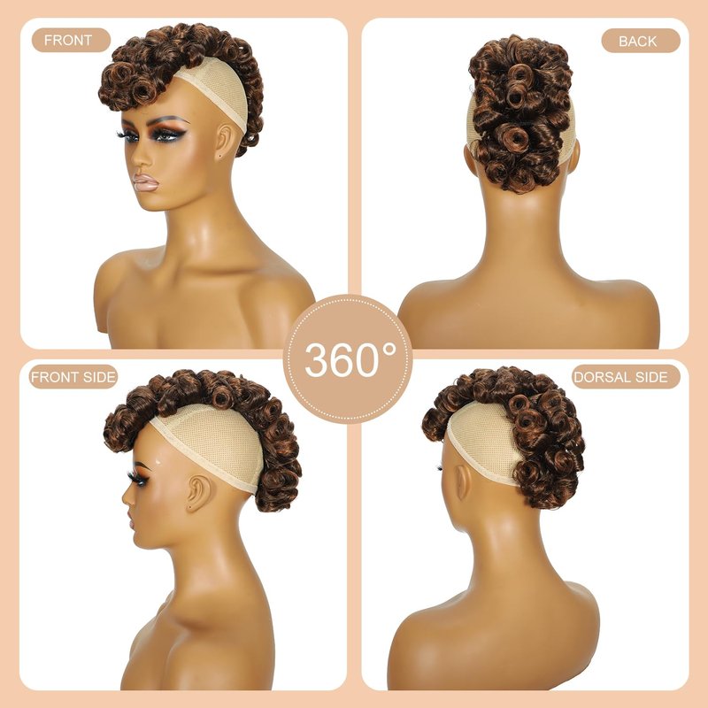 Curly Mohawk Wig Ponytail Extension - Short Brown & Black Kinky Synthetic Hair | 1B/30 with Clips & Combs