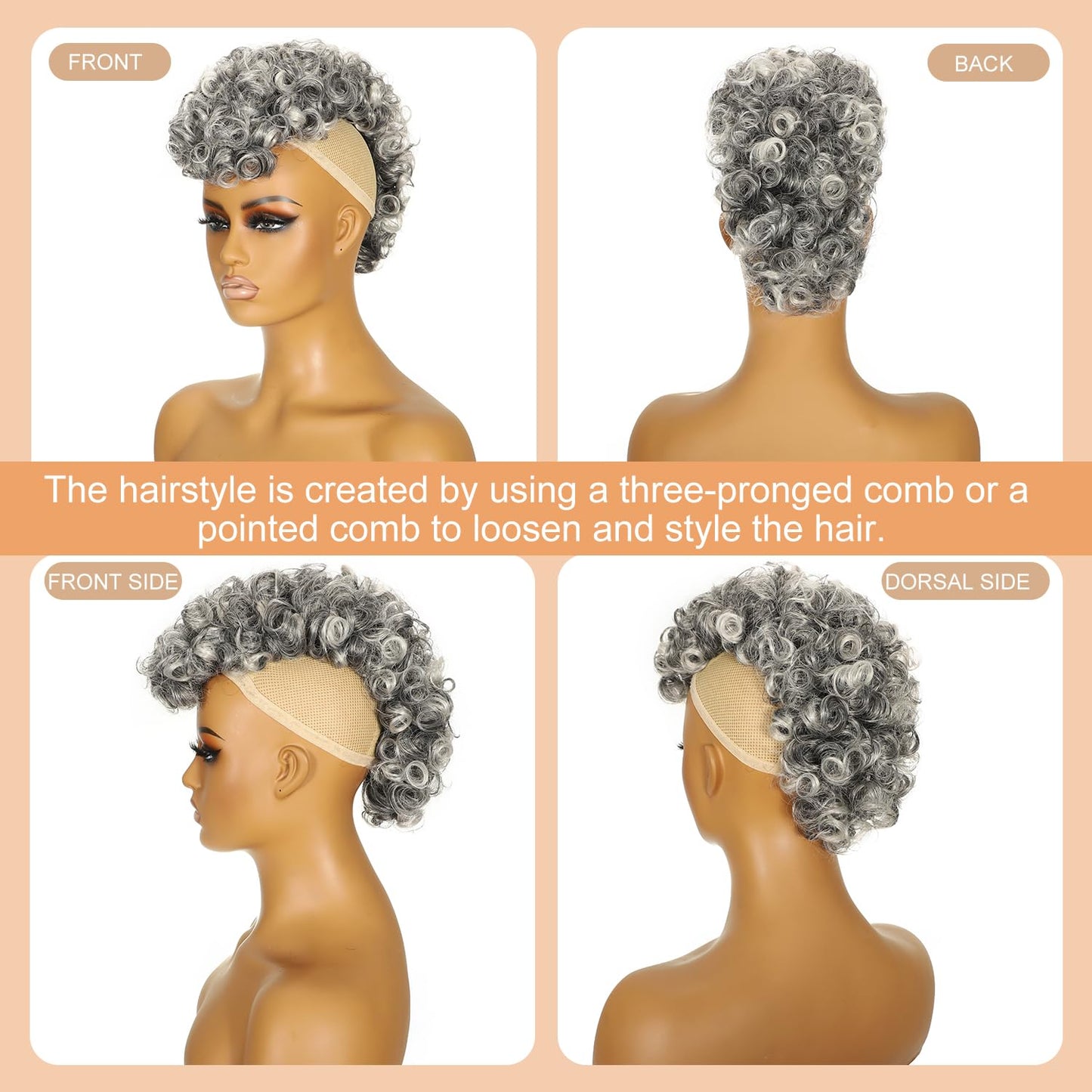 Curly Gray Mohawk Wig - Short Synthetic Ponytail with Bangs | Fluffy Kinky Curly Hair Extension 1B/Grey
