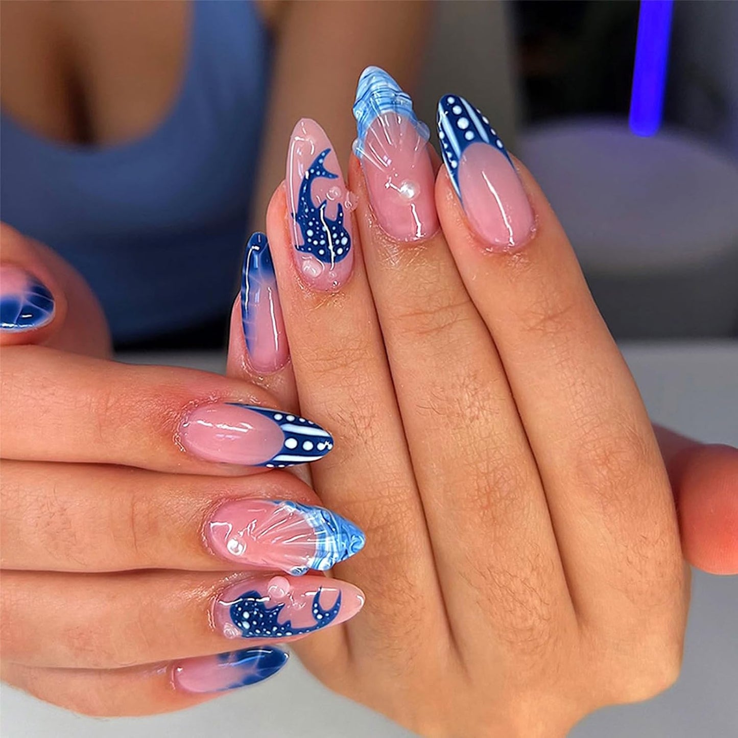 Gradient Blue Press-On Nails - Medium Square 3D Shell Starfish Design | 24Pcs Glossy Acrylic for Beach Vacation