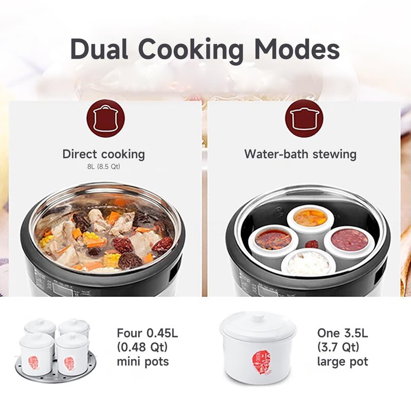 Joydeem Electric Stew Pot, 8.5Qt Stainless Steel Inner Pot with 5 Ceramic Liners (3.5L + 4 × 0.45L), Dual Cooking Modes, Brushed Stainless-Steel Exterior, For Soup, Congee & Bird’s Nest, DDG-B350