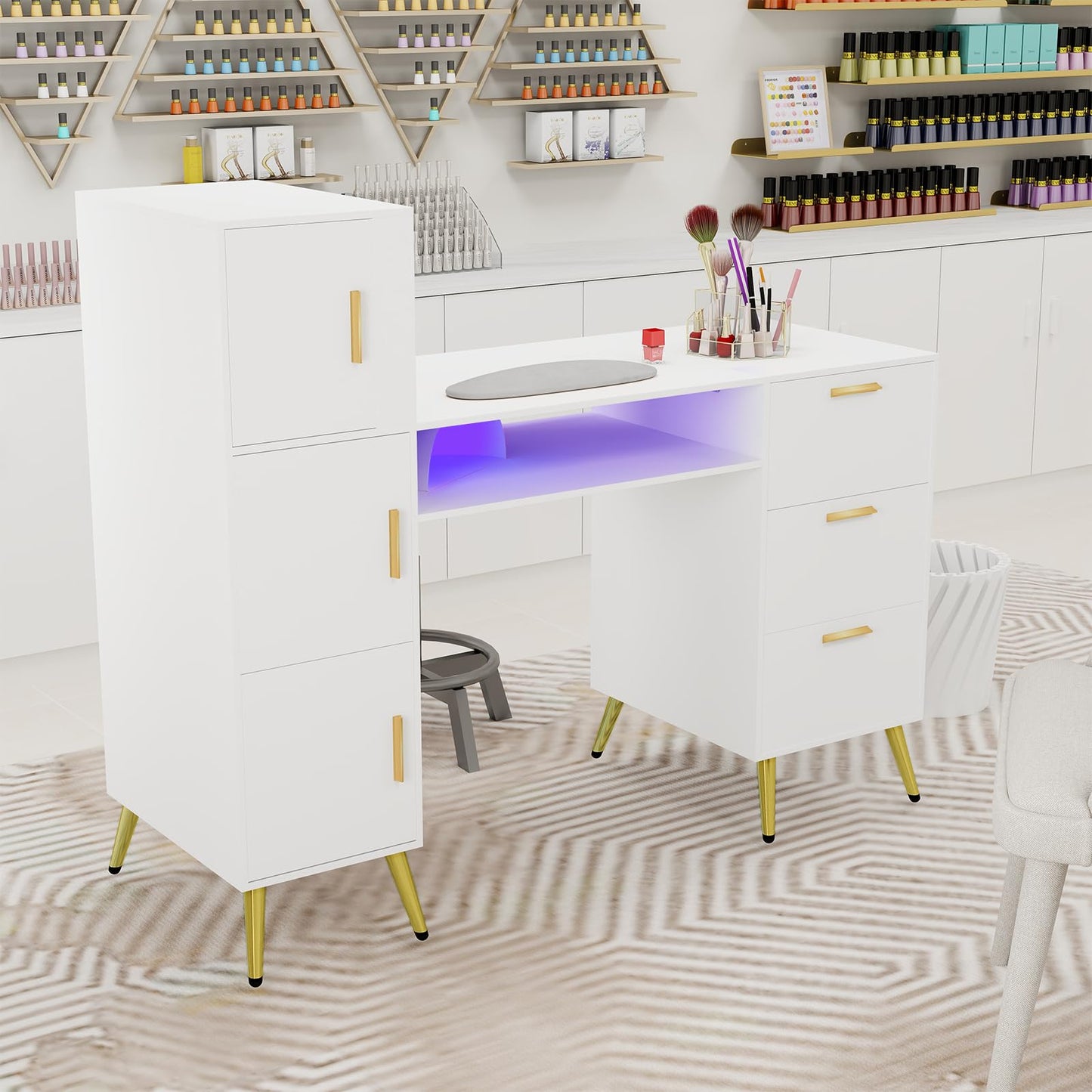 ARTETHYS Portable Nail Desk with Drawers White Manicure Table Nail Station with Shelves L-Shaped Salon Corner Nail Art Equipment for Nail Tech