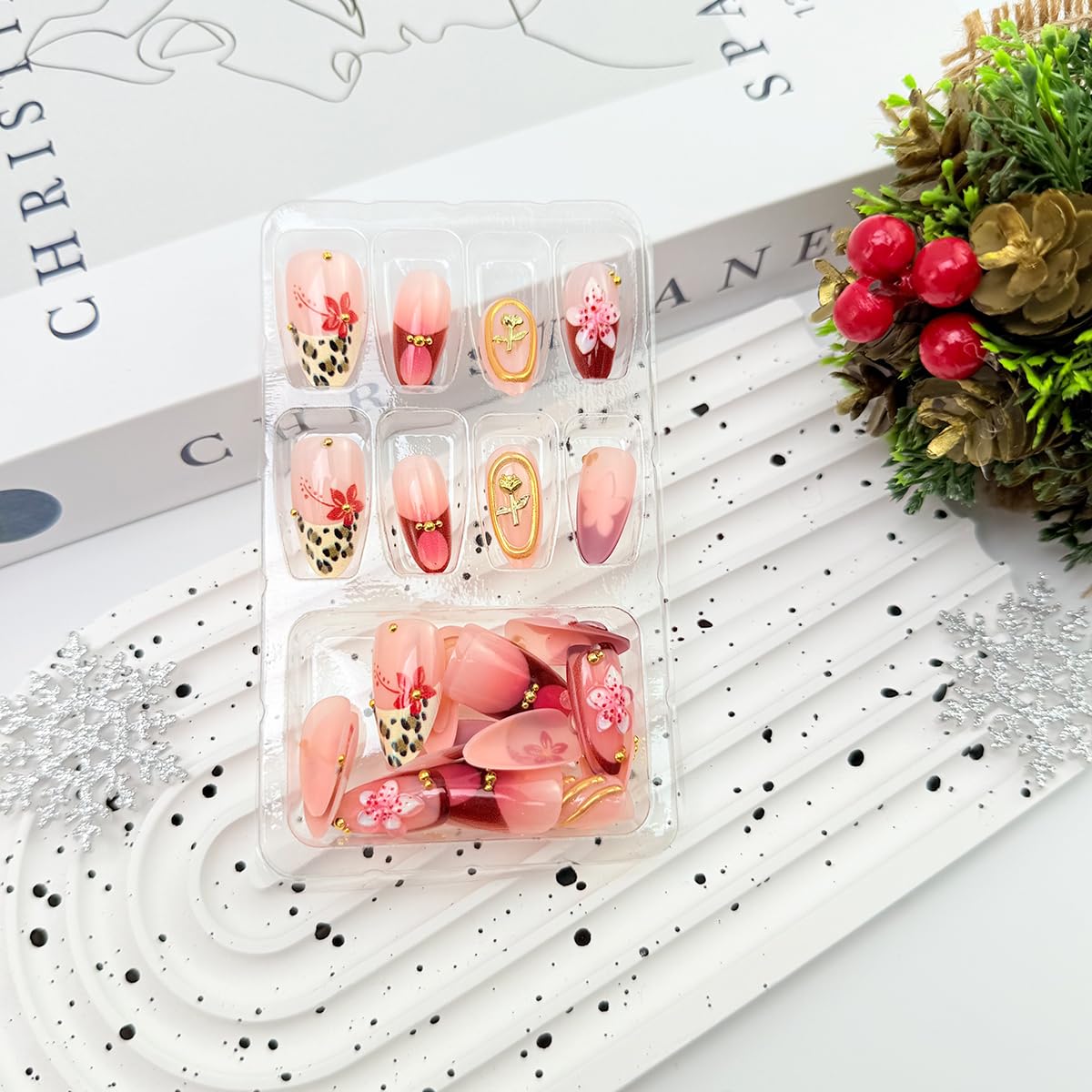 3D Press On Nails - Almond Medium Floral & Gold Bead Designs | Leopard Print French Tip, Glossy Acrylic, 30 Pcs