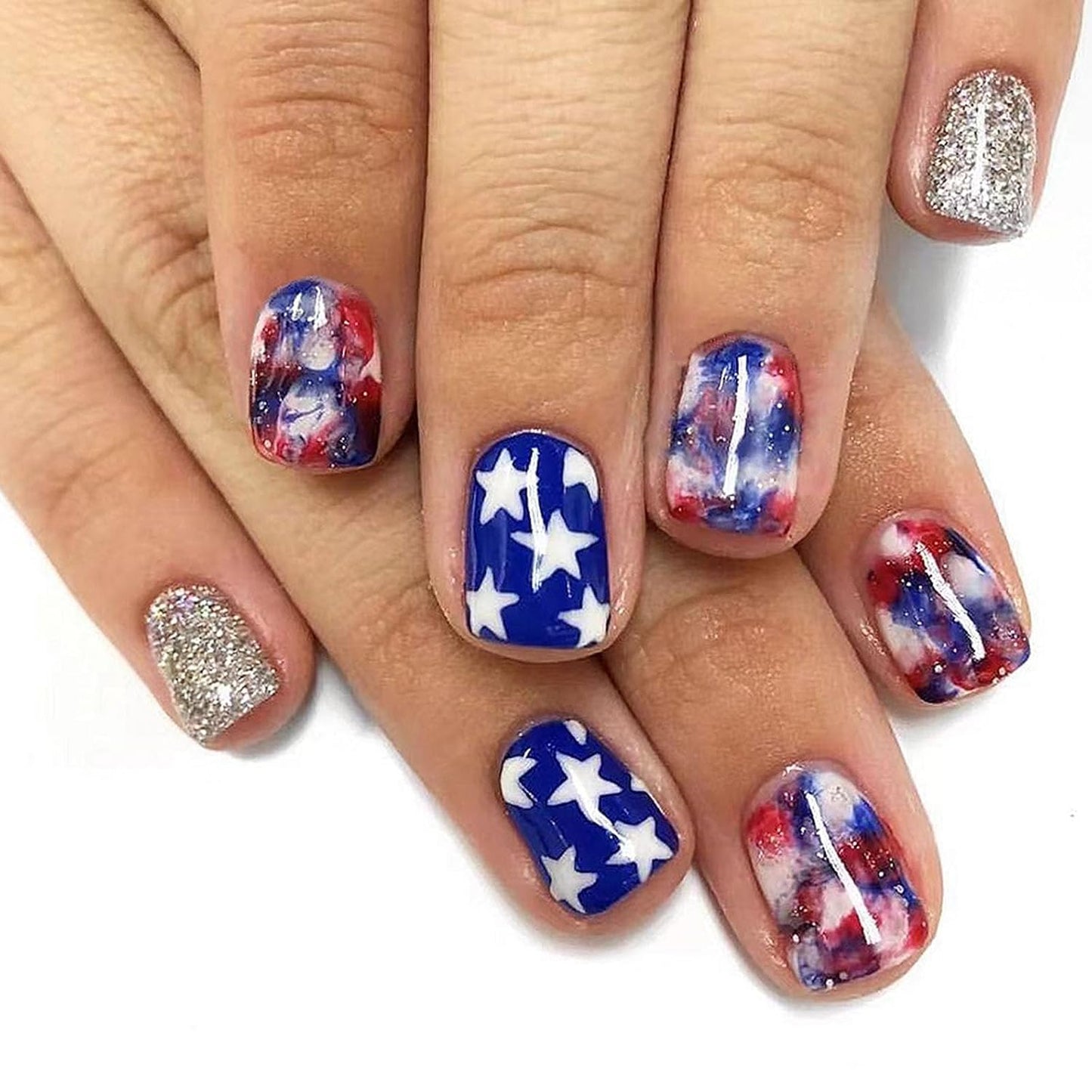 Press On Nails - Medium Square American Flag Glitter Design | 24Pcs Red, Blue & Gold 4th of July Fake Nails
