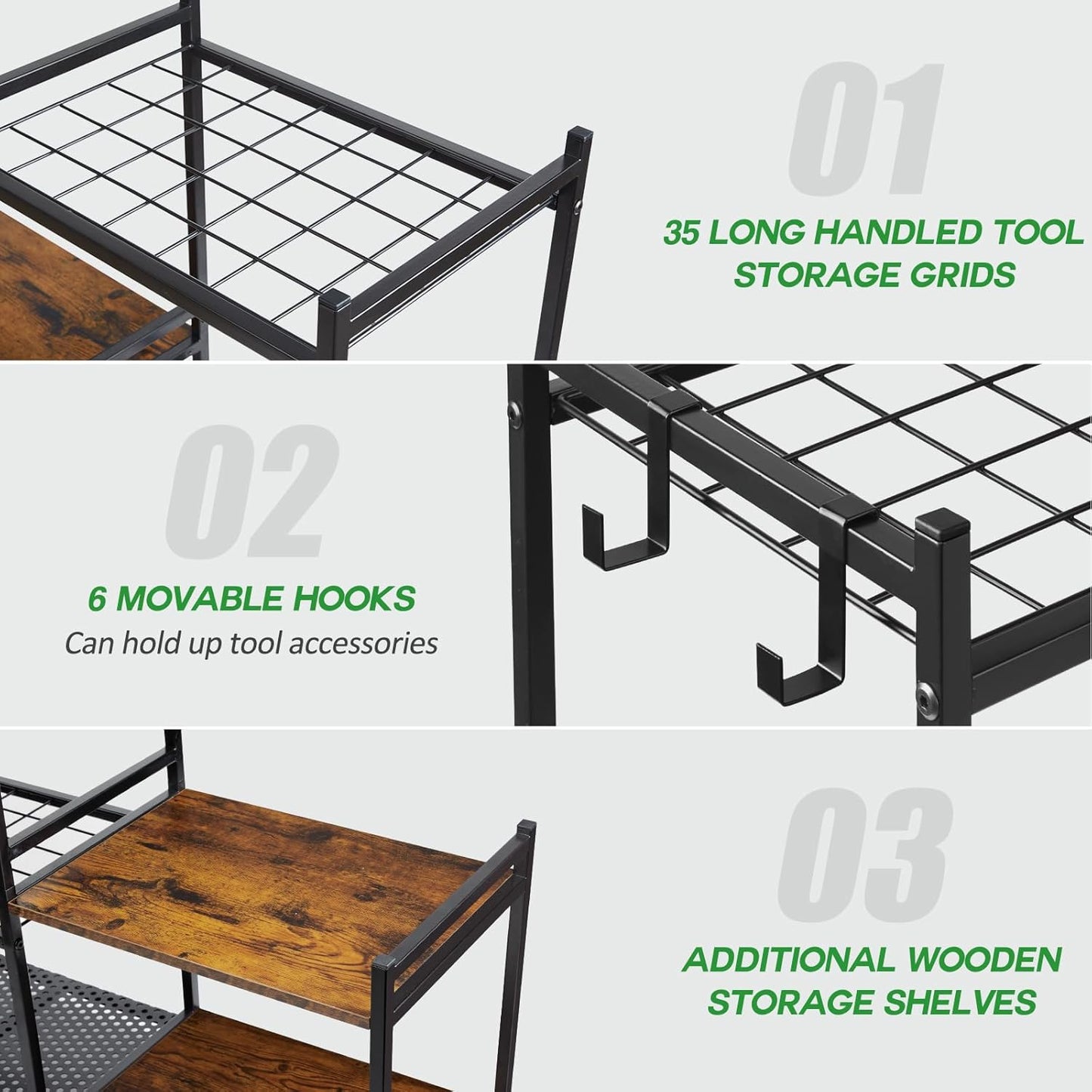 Garage Tool Organizer - 2-Tier Wooden Shelves & 6 Hooks | Heavy-Duty Steel Rack for 35 Long Handled Tools - Black