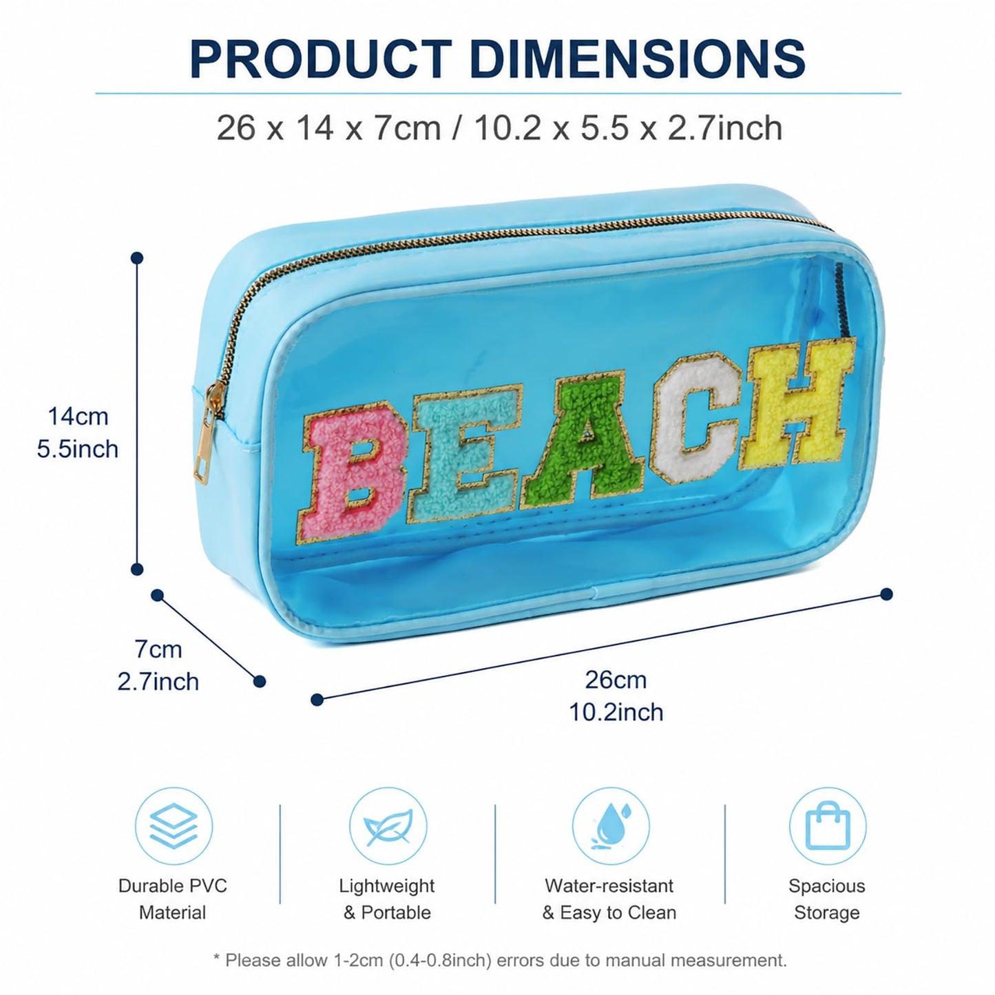 TRIP TIGER Women Clear Beach Makeup Bag with Chenille Letters-PVC Waterproof Visible Cosmetic Sunscreen Organizer for Pool, Swimming & Travel, Trendy Toiletry SPF Pouch