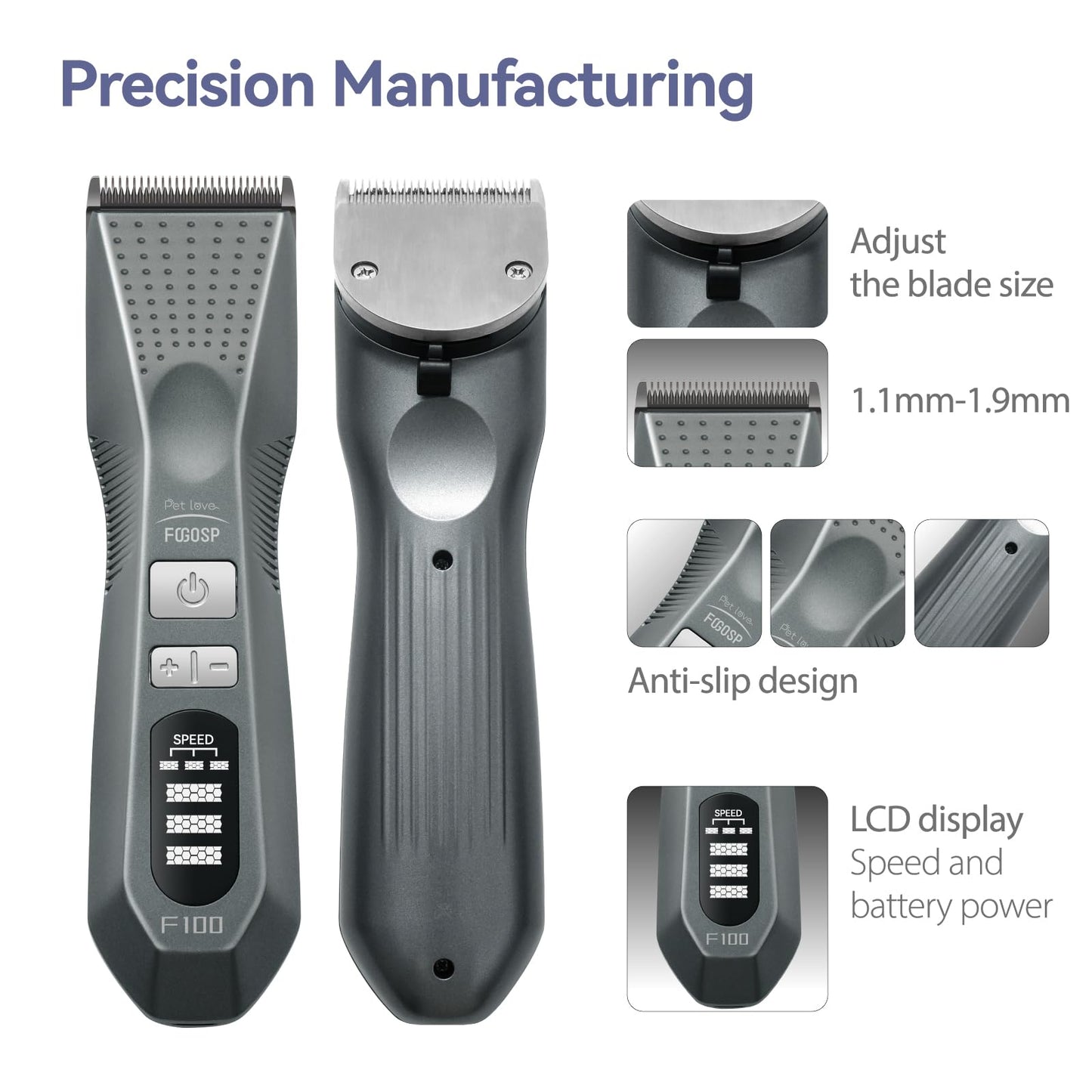 FOGOSP Cordless Dog Grooming Clippers More Than 12H Run Time 3-Speed Professional Pet Clippers for Grooming Heavy Duty Thick Hair Detachable Carbonized Steel Blade Low Noise