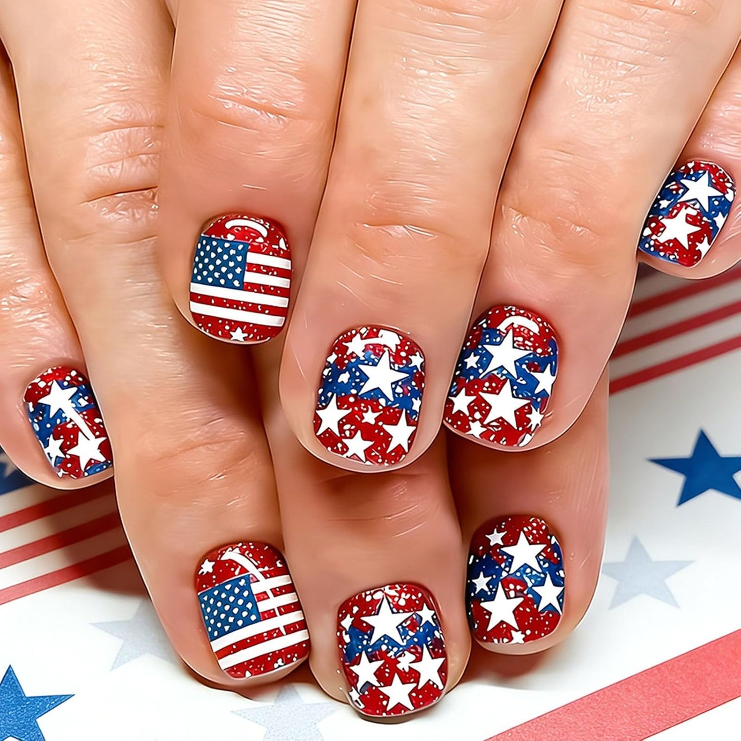 Press On Nails - Medium Square American Flag Glitter Design | 24Pcs Red, Blue & Gold 4th of July Fake Nails
