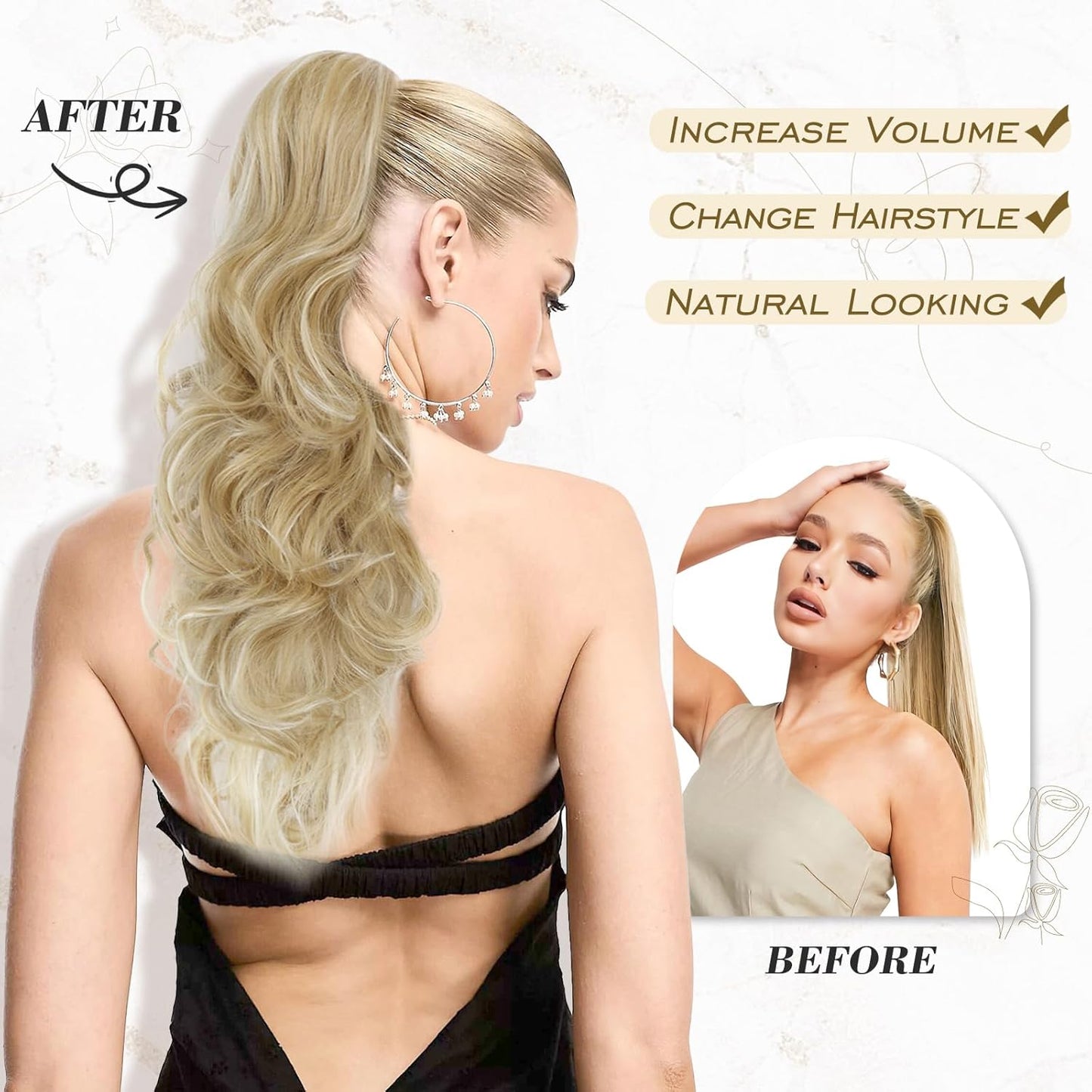 Blonde Ponytail Extension - 20 Inch Curly Wavy Drawstring Hairpiece | Platinum Blonde Synthetic Ponytail for Women