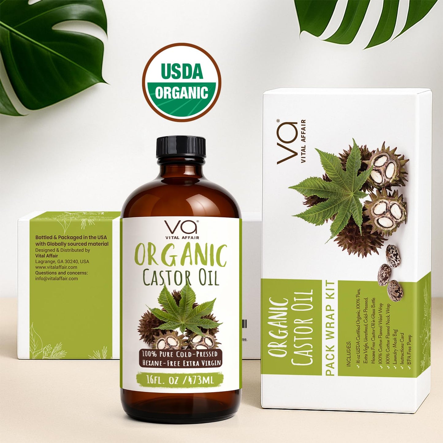 Castor Oil Pack Wrap Kit – USDA Organic, 16 oz Cold-Pressed Hexane-Free Castor Oil in Glass Bottle | Adjustable Cotton Flannel Waist & Neck Wraps | Liver, Abdominal & Detox Therapy