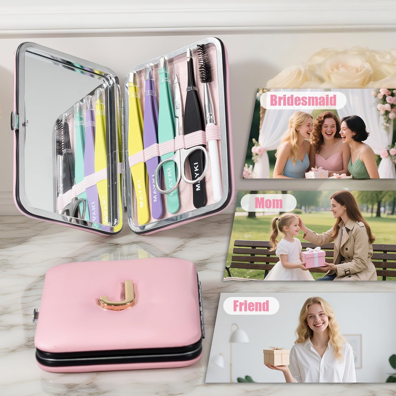 Initial J Tweezers with Mirror for Women Facial Hair, Best Gifts for Teen Girl/Daughter/Friend/Mom/Bridesmaid/Wife/Girlfriend, Unique Gift for Birthday/Anniversary/Mothers Day/Valentines Day/Christmas