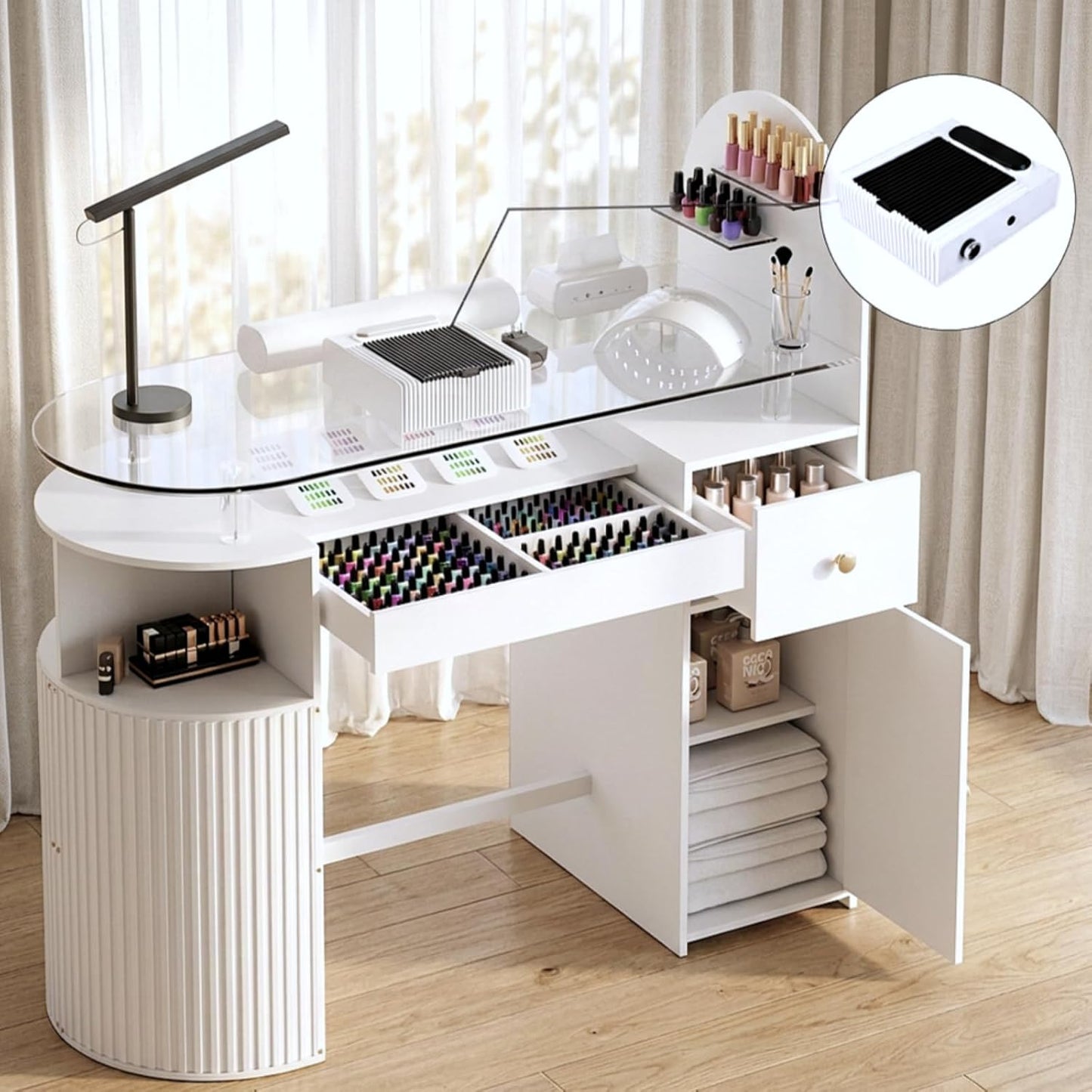 Professional Manicure Table with Dust Collector - Tempered Glass Top & Storage Drawer | Nail Salon Workstation (White)