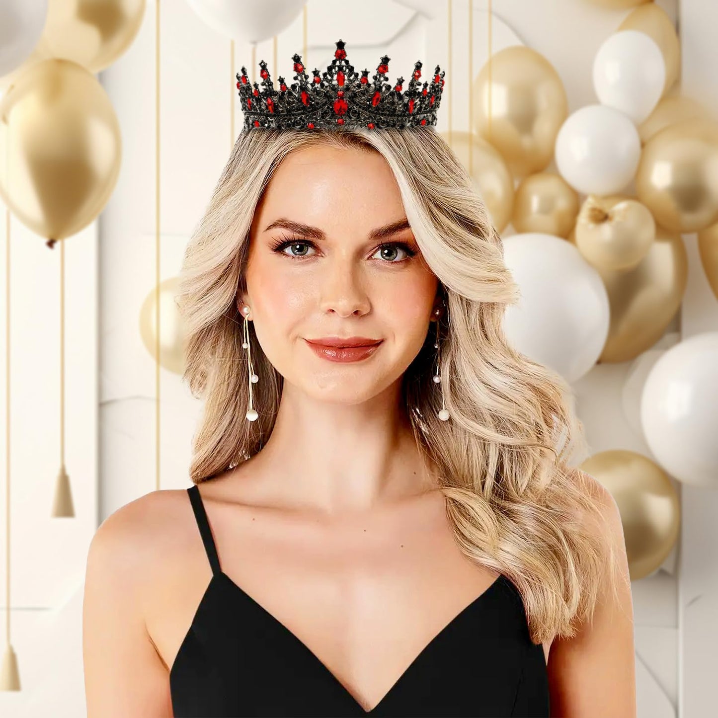 Gold Crown for Women Crystal Princess Tiaras Rhinestone Queen Headband Wedding Bridal Hair Accessories Birthday Prom Pageant Party Coming of Age Ceremony Photo Props (Black&Red2)