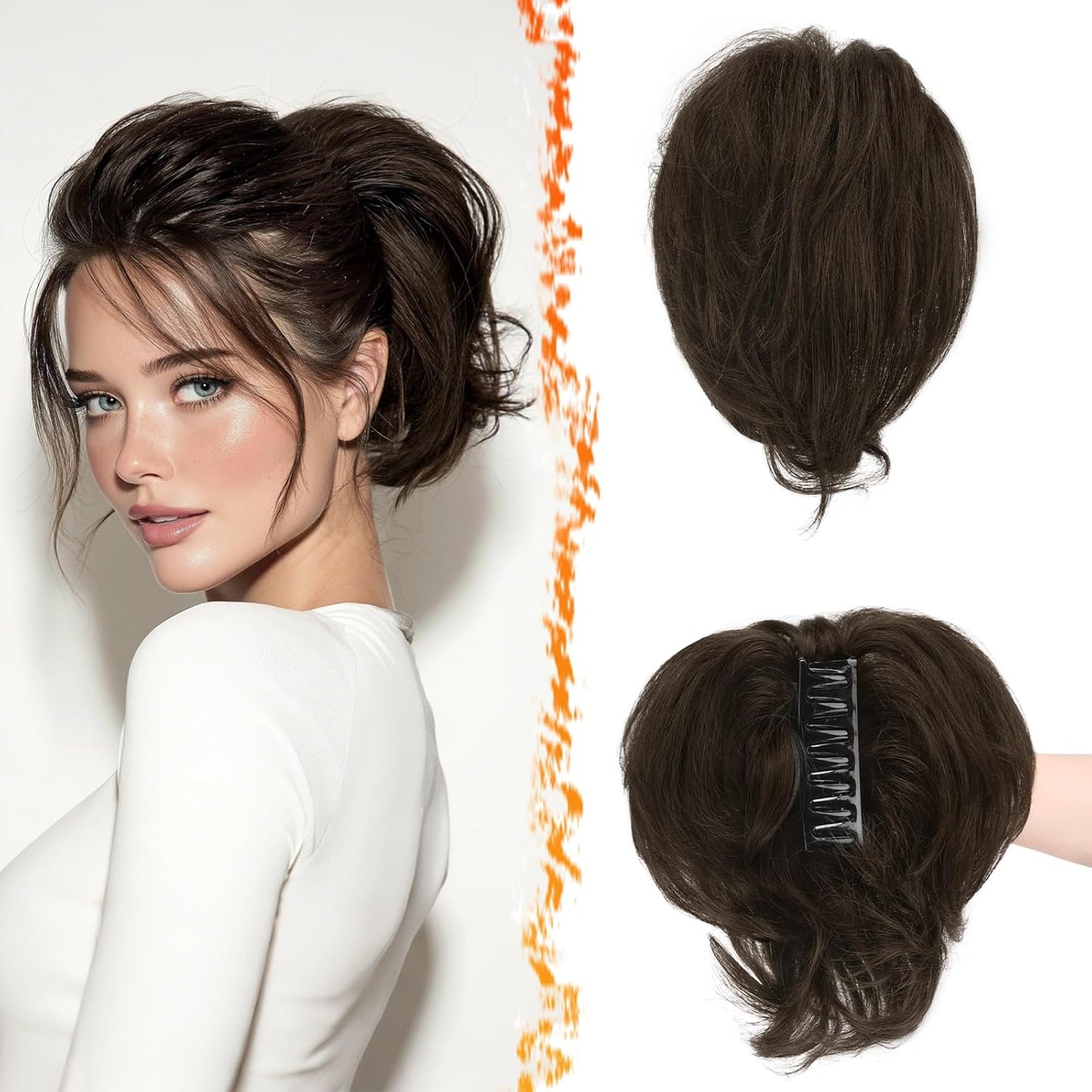 Claw Clip Ponytail Extension - 8 Inch Dark Brown Human Hair Messy Bun for Women | Bendable Metal Style