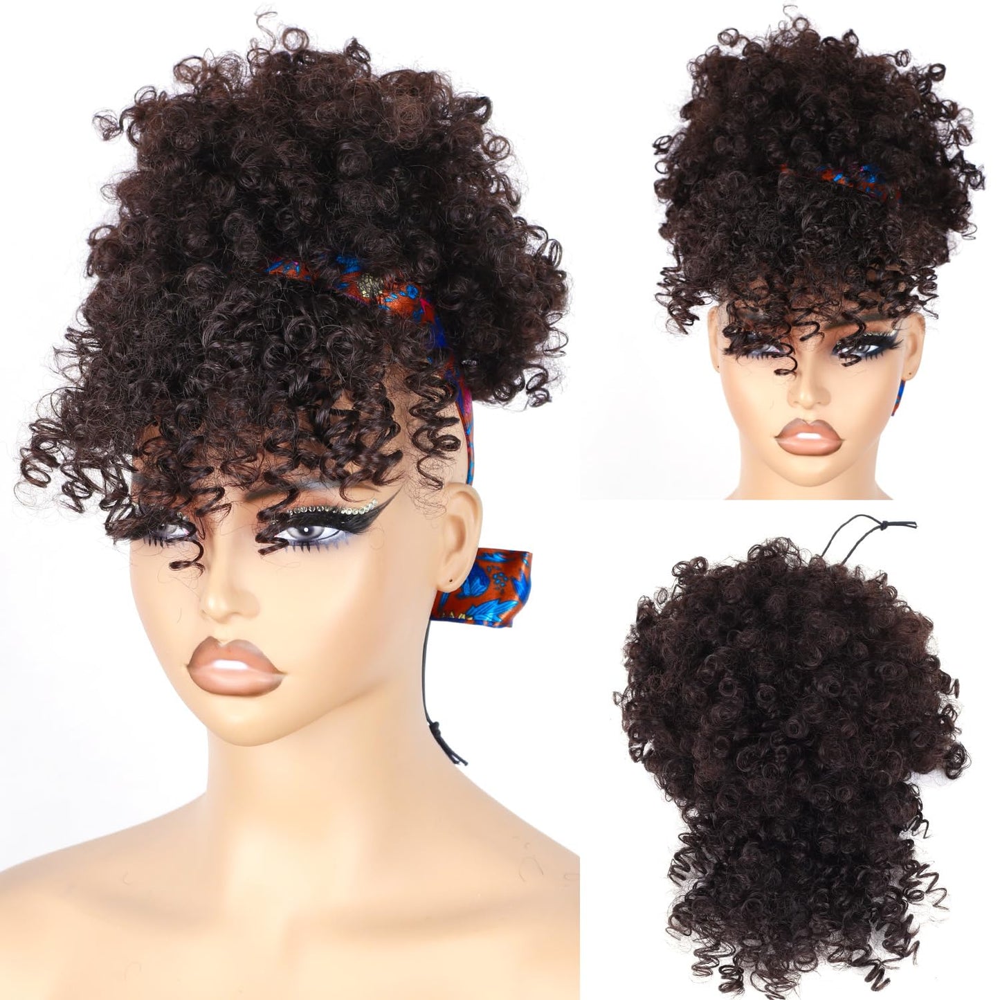 Drawstring Ponytail for Black Women - Afro Puff Kinky Curly Hair Extension with Bangs | Grey Updo