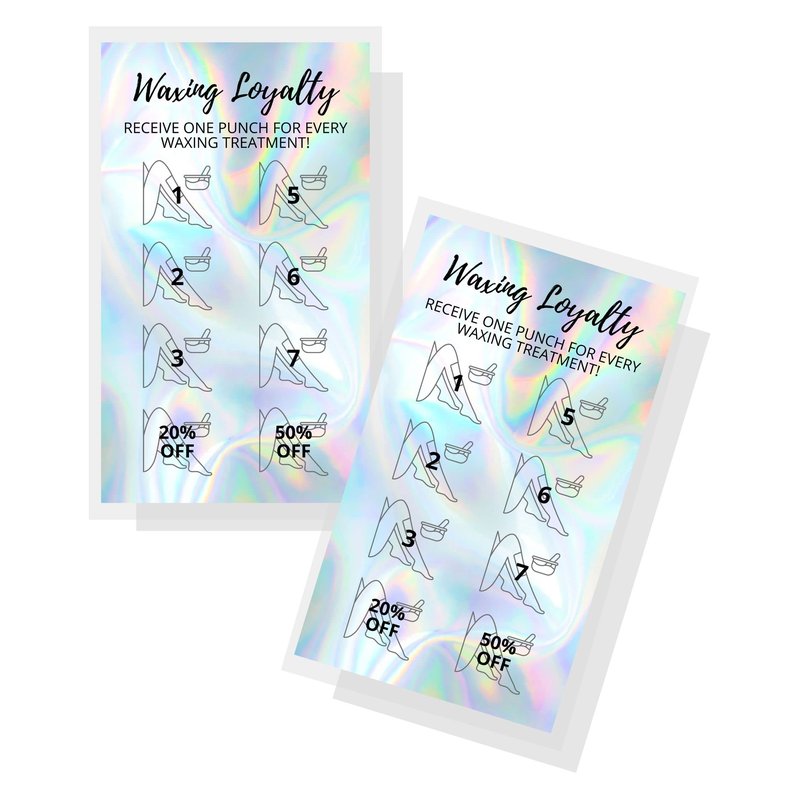 Waxing Loyalty Cards | 50 Pack | Size 2 x 3.5” inches Business Card Size | Wax Skin Business Estheticians | Non-Reflective Matte Holographic Look Design