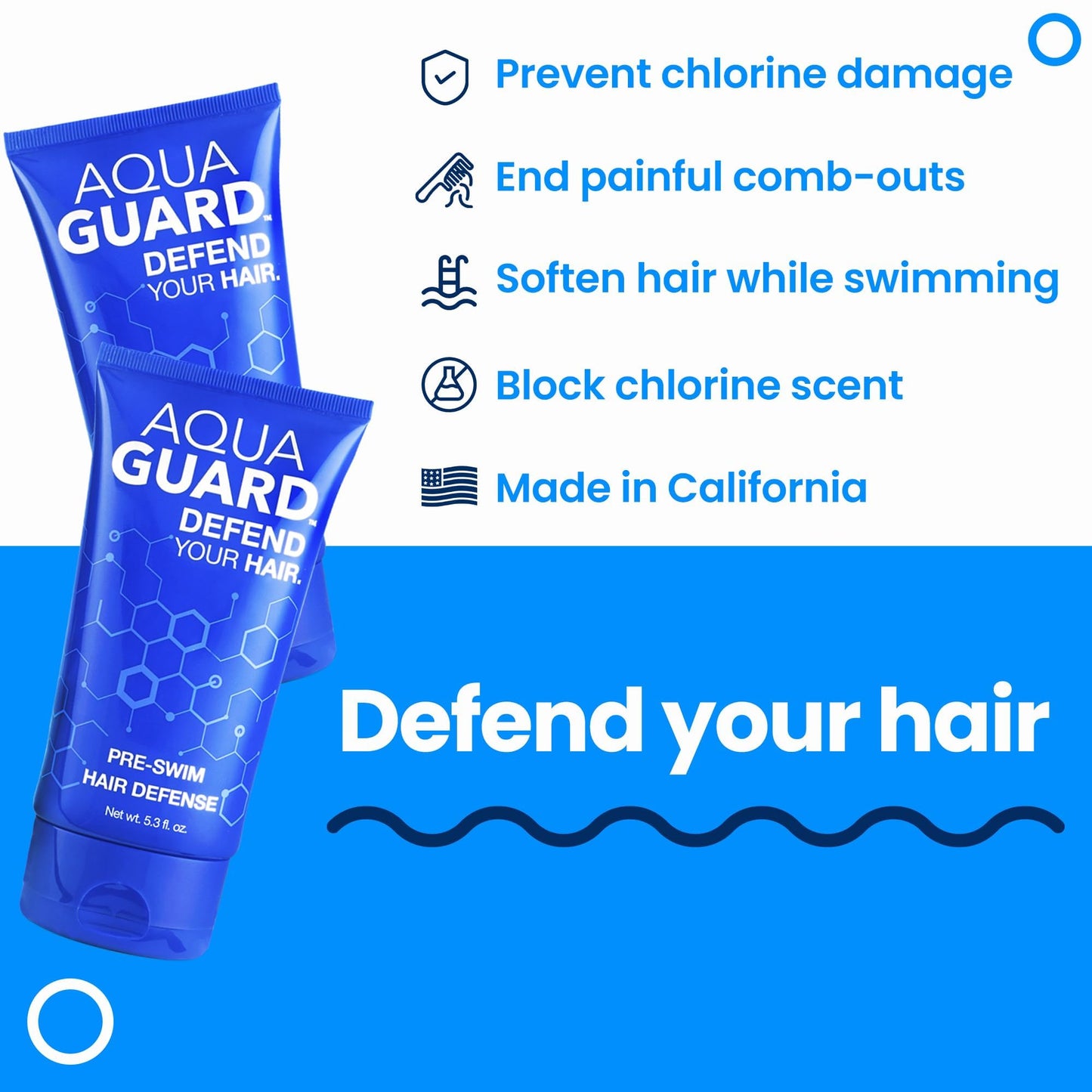 AQUA GUARD Pre-Swim Hair Defense | Protect Hair Before You Swim | Prevents Chlorine Damage + Softens Hair While Swimming | Made in California | Color Safe, Leaves Hair Smelling Great | 5.3 oz (2 Pack)