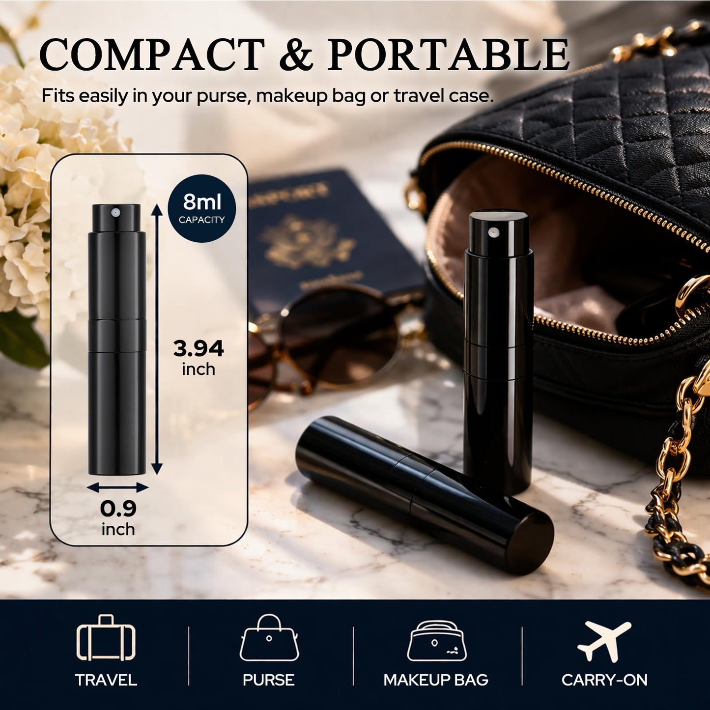 Owlyee Cologne Bottles with Display Stand - 5 Pack Travel Perfume Spray Bottle Refillable for Men - 8ml Mini Empty Atomizer with Holder Kit - Small Portable Twist Up Fragrance Sprayer Refill Set Black