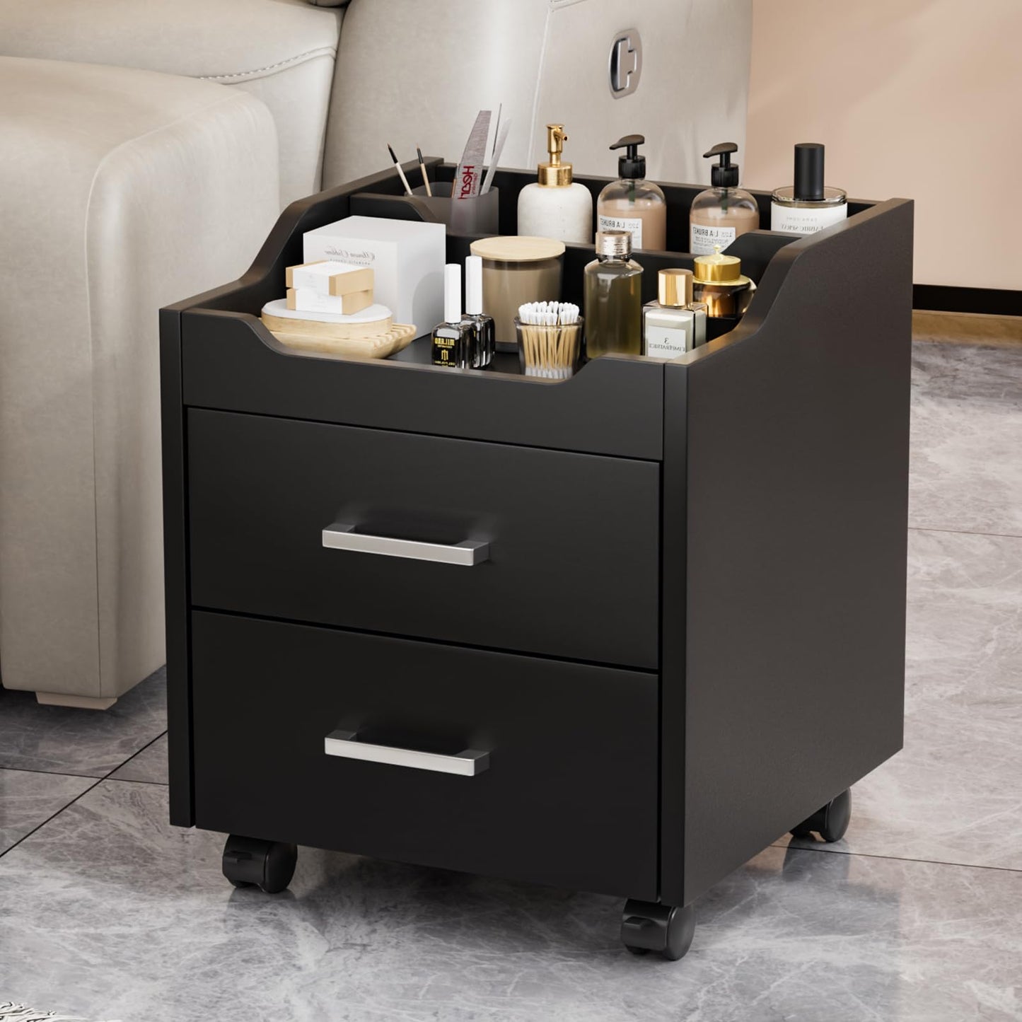 OmySalon Pedicure Cart, Foot Bath Trolley with 2 Storage Drawer, Portable Nail Esthetician Cart for Manicure & Foot Massage, Beauty Spa Supplies with Locking Wheels, Black
