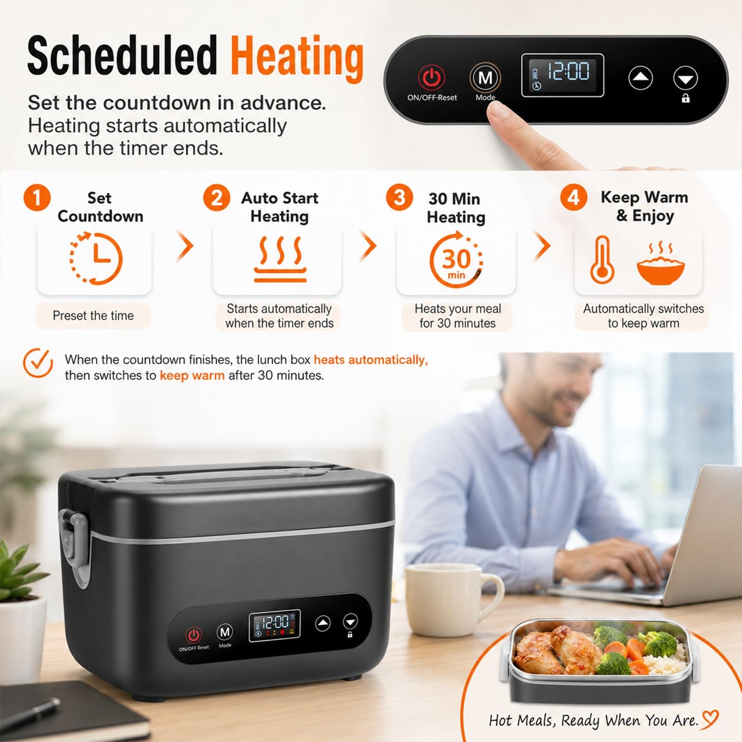 Electric Lunch Box for Men, 1.2L Cordless Heated Lunch Box, 24000mAh Rechargeable Portable Food Warmer with Auto Temperature Control, 5-Sided Heating, Leakproof, for Office, Outdoors & Truck, Black