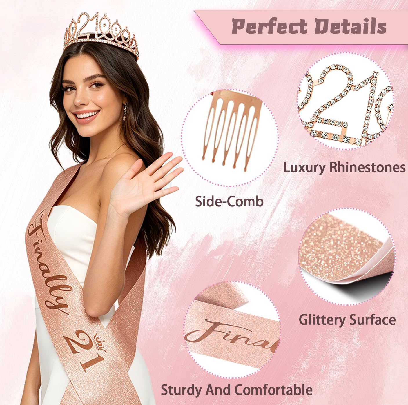 YGSEPCC 21 Birthday Decorations for Her, Rose Gold 21st Birthday Party Supplies 36Pcs, Birthday Sash Crown Tassel Curtains Foil Number Balloons Banner Cake Topper, 21 Young Lady Birthday Decorations