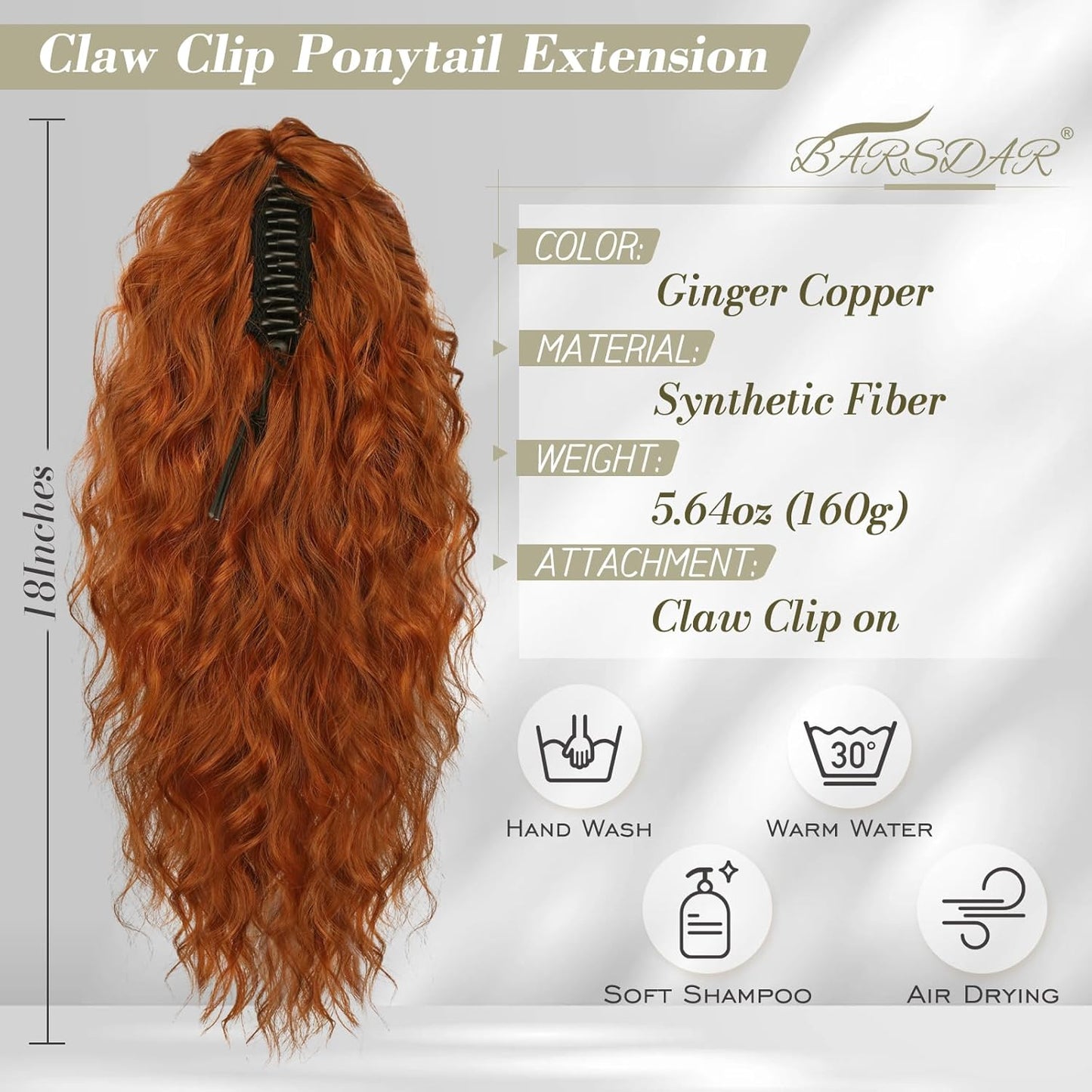Copper Ponytail Extension - 18 Inch Curly Wavy Claw Clip Hairpiece | Ginger Copper Multi-Layered Style