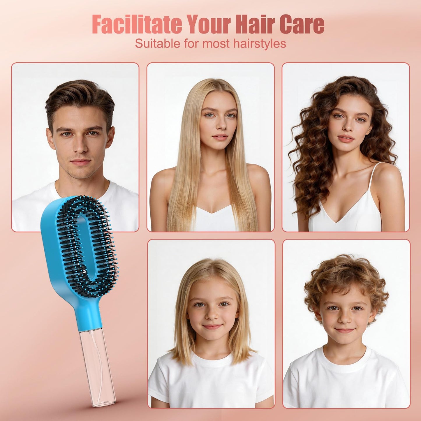 2-in-1 Portable Misting Hair Brush – Manual Press Water Spray, Hair Brush With Water Spray, Wet & Dry Detangling Spray Brush, Anti-Frizz, Suitable for All Hair Types and Textures(Blue)