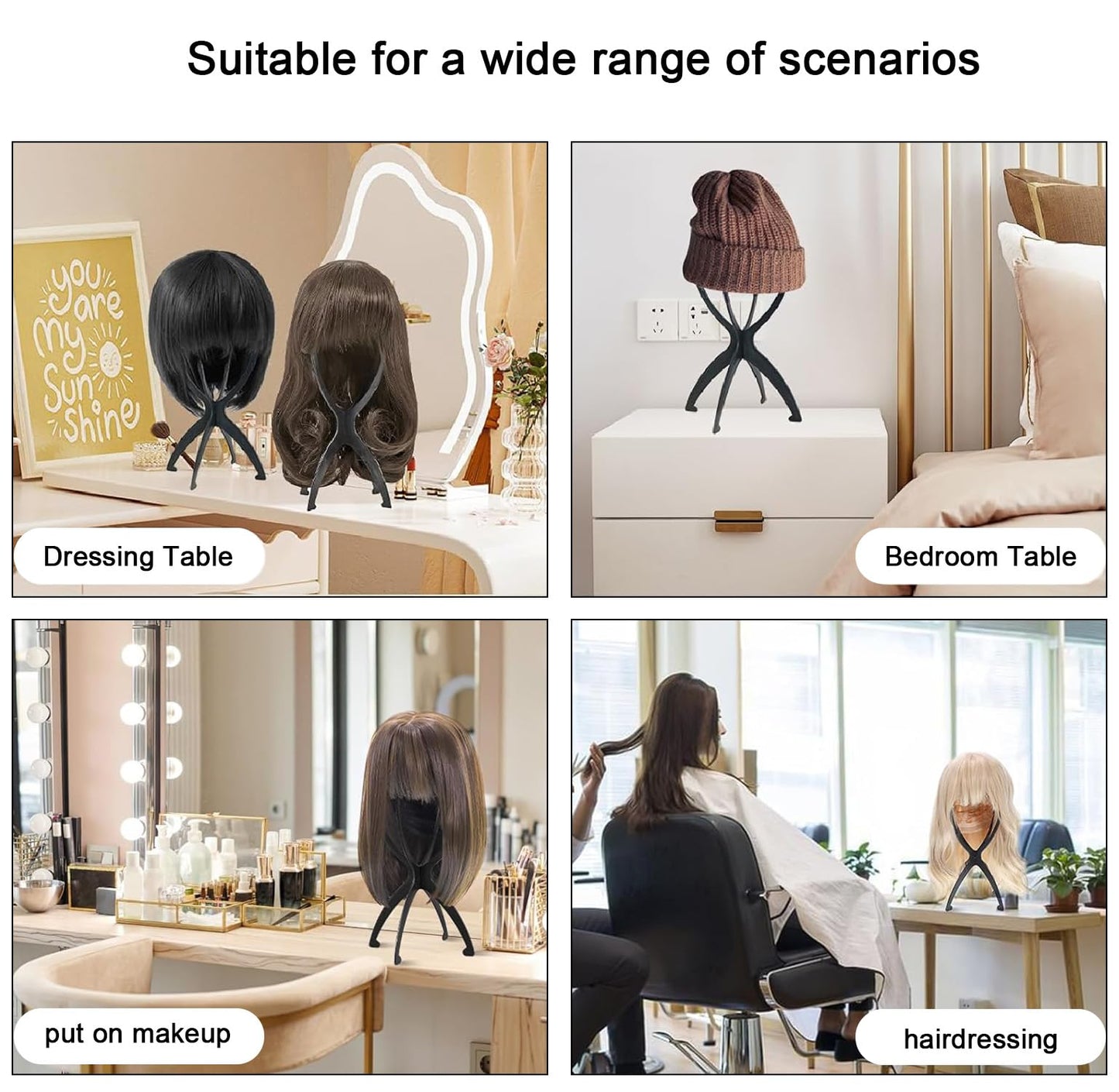 Wig Stand Portable Wig Holder Foldable Wig Head Stand for All Wigs Travel Wig Drying Rack for Women Short Hair Wigs Stylist Tool Black