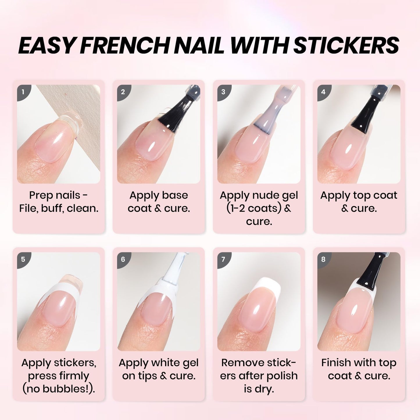 Beetles French Tip Gel Polish Set - White Nude Pink French Manicure Kit with 2 Nail Art Sticker, Soak Off UV LED for DIY Home & Salon Gift for Women