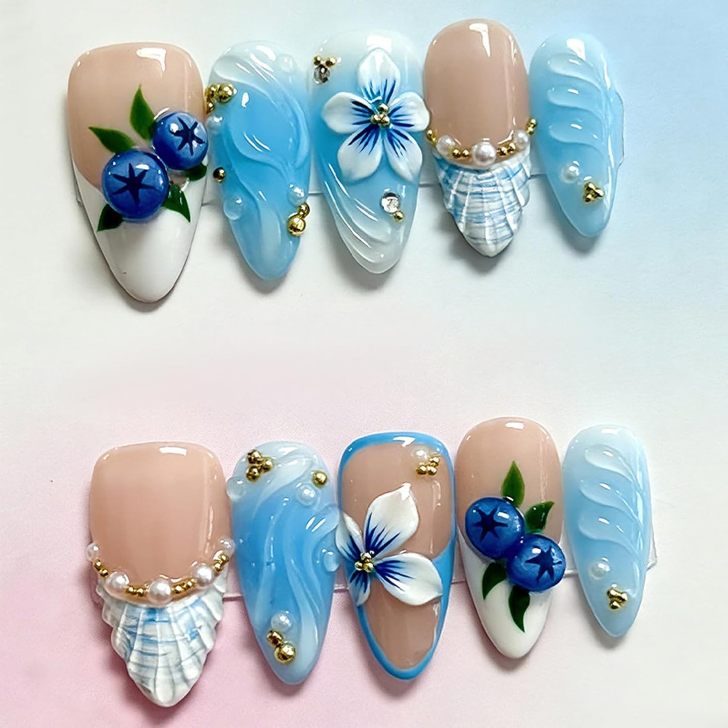 Gold Flower Press-On Nails - 24 Pcs Short Almond Design with 3D Pearl & Glitter | Reusable Acrylic for Weddings & Parties