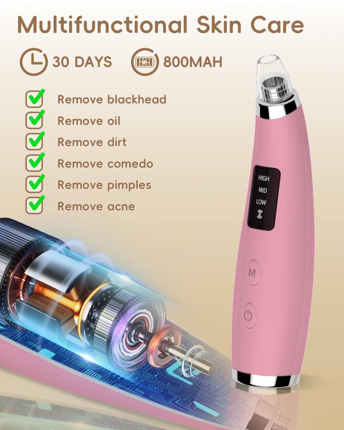 Pore Vacuum Blackhead Remover - Pore Extractor with 5 Attachments & 3 Suction Levels - Blackhead Remover Tools for Women and Men (Pink)