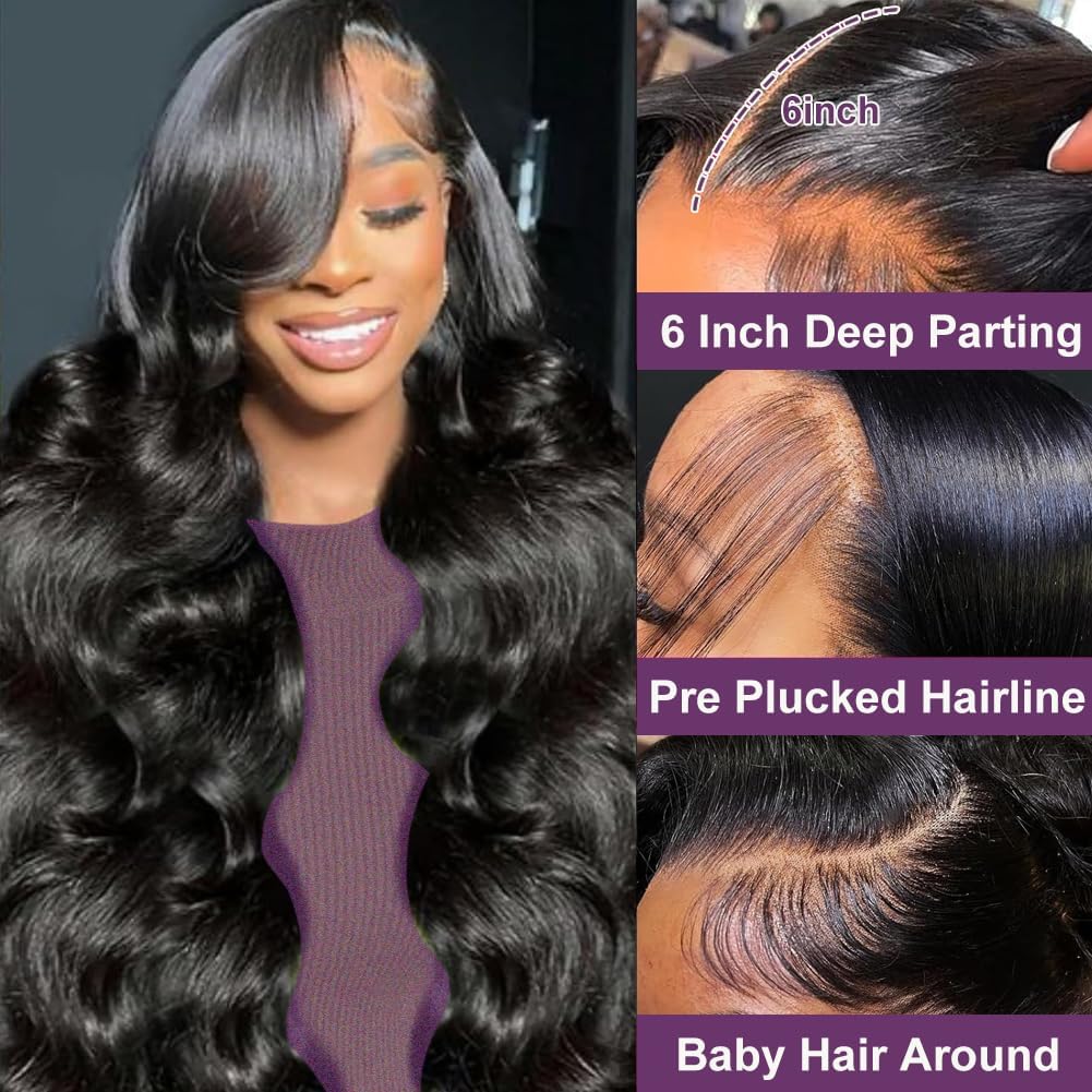 VXCVAE 30 Inch 13x6 Lace Front Wigs Human Hair 220 Density Body Wave HD Lace Front Wigs Human Hair Pre Plucked Natural Black Glueless Frontal Wigs for Women
