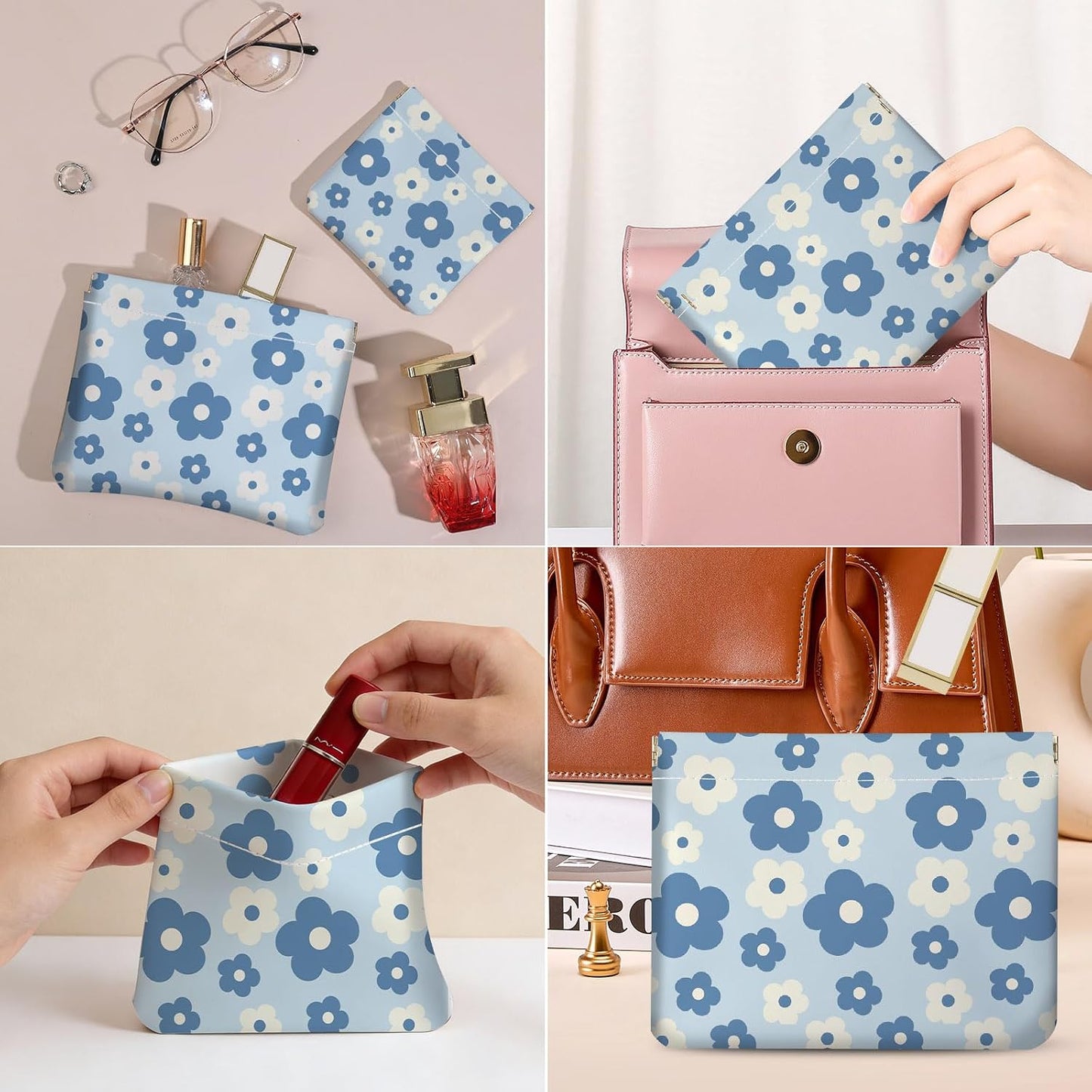 Small Makeup Bag Set - 2 PCS PU Leather Cosmetic Organizer | Portable Travel Toiletry Pouch with Blue and White Floral Design