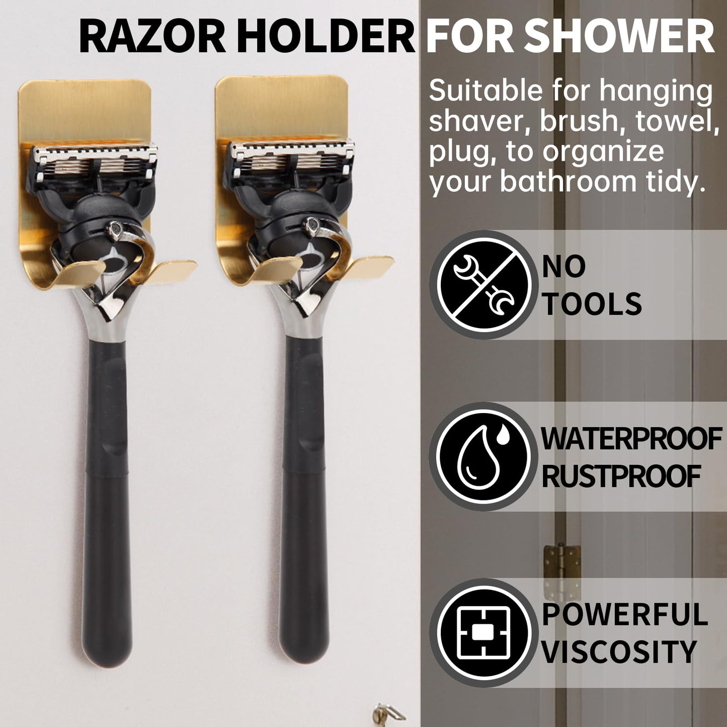 Blueden Self Adhesive Hooks Waterproof Razor Holder in Inside Shower 4 Pack, Metal Heavy Duty Utility Storage Hook.Towel. Loofah Holder for Wall.Hanger Hooks for Bathroom or Kitchen Organisation. Gold