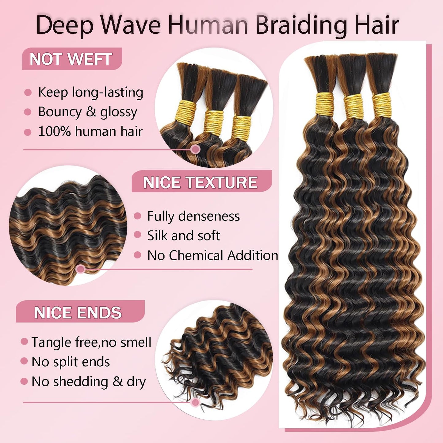 P4/30 Highlight Brown Human Braiding Hair for Boho Braids 24 24 24 Inch Unprocessed Brown Deep Curly Bulk Human Hair Extensions for Boho Braids 50g/Bundle Total 150g