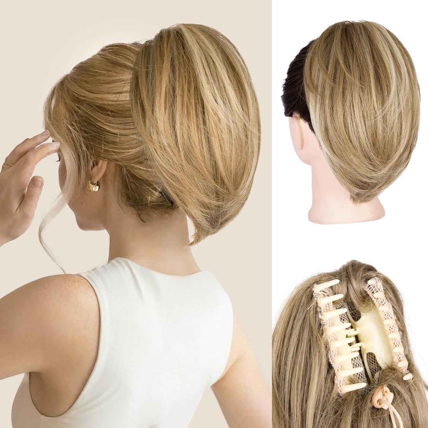 10 Inch Ponytail Extension - Straight Claw Clip Synthetic Hair | Brown with Blonde Highlights